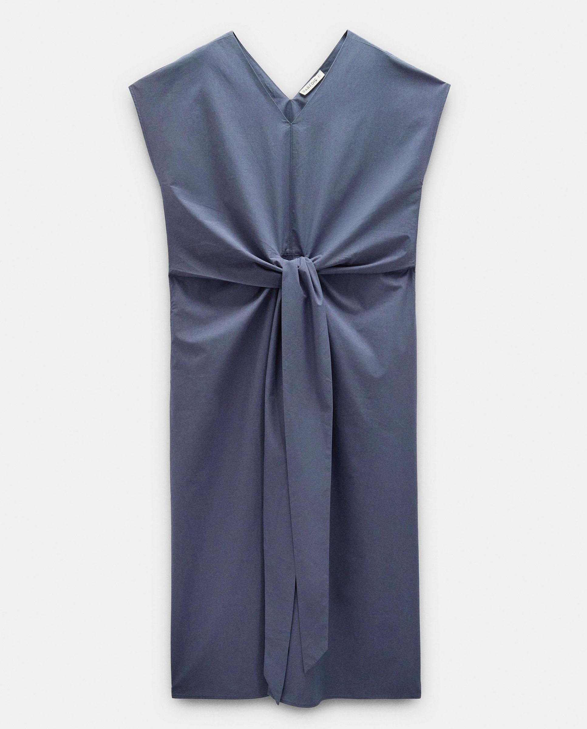 Vestido midi 100% algodón de manga corta con fruncido frontal - Parfois - Azul Azul-5