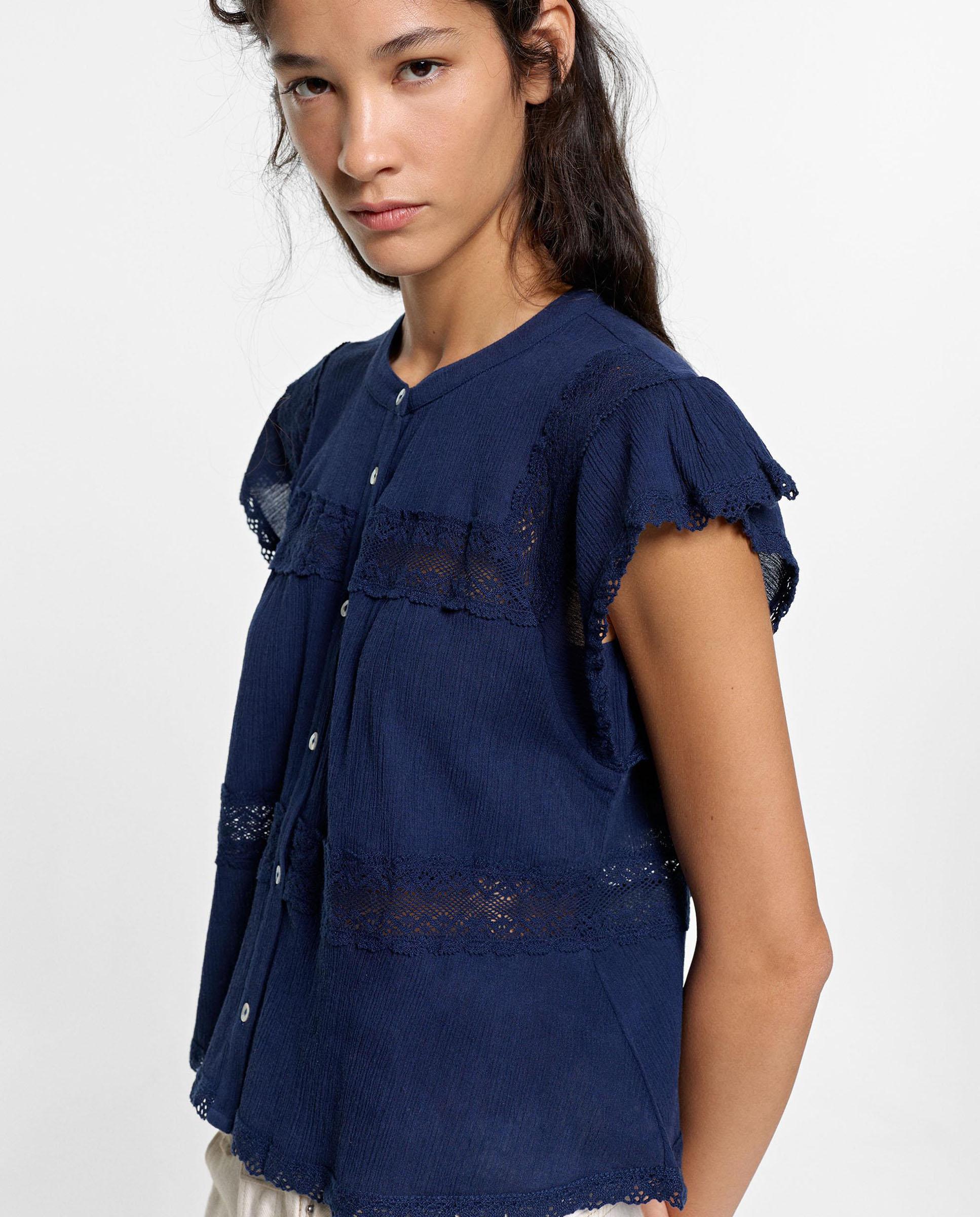 Blusa de mujer 100% algodón de manga corta con bordados - Parfois - Azul marino Azul marino-1