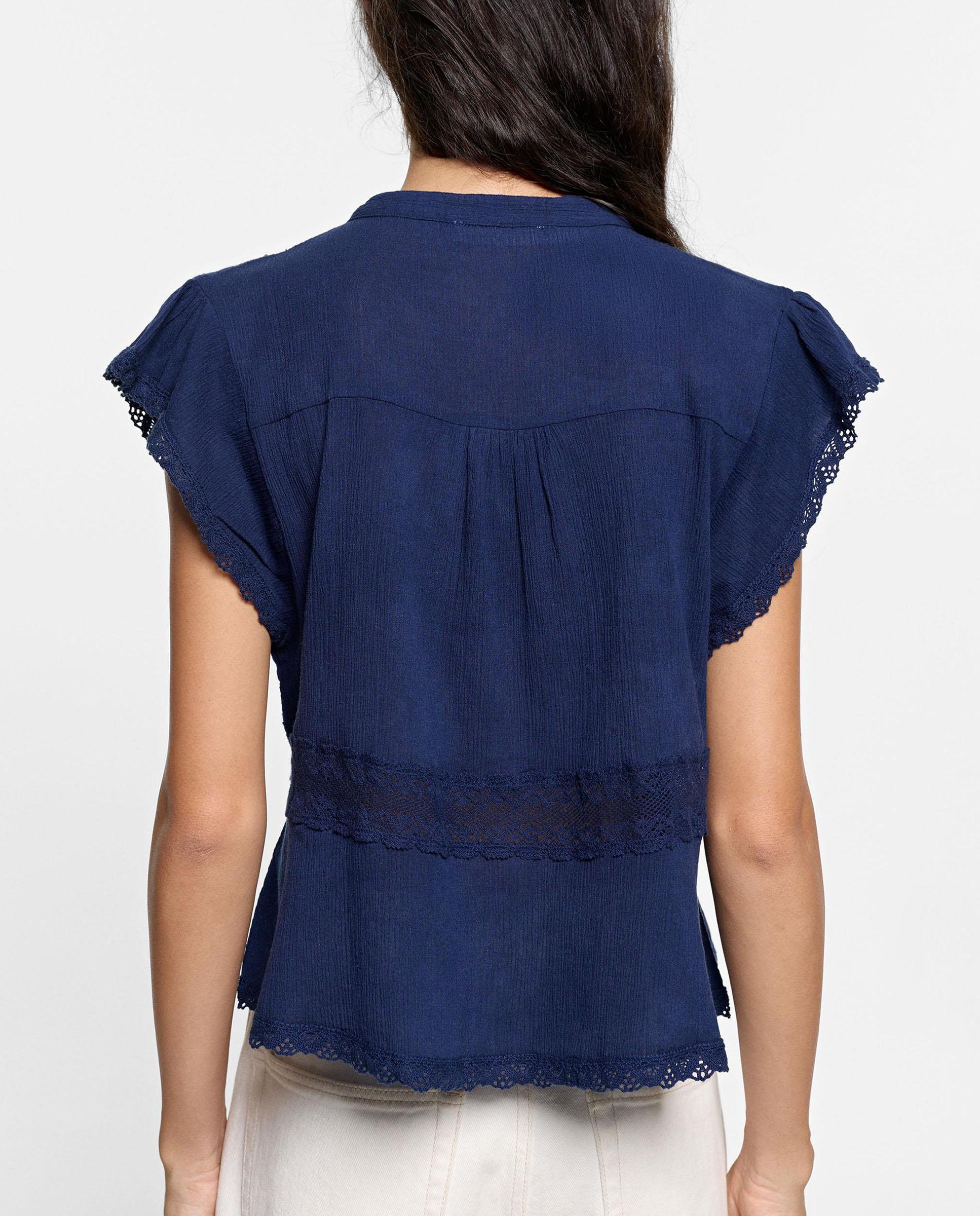 Blusa de mujer 100% algodón de manga corta con bordados - Parfois - Azul marino Azul marino-4