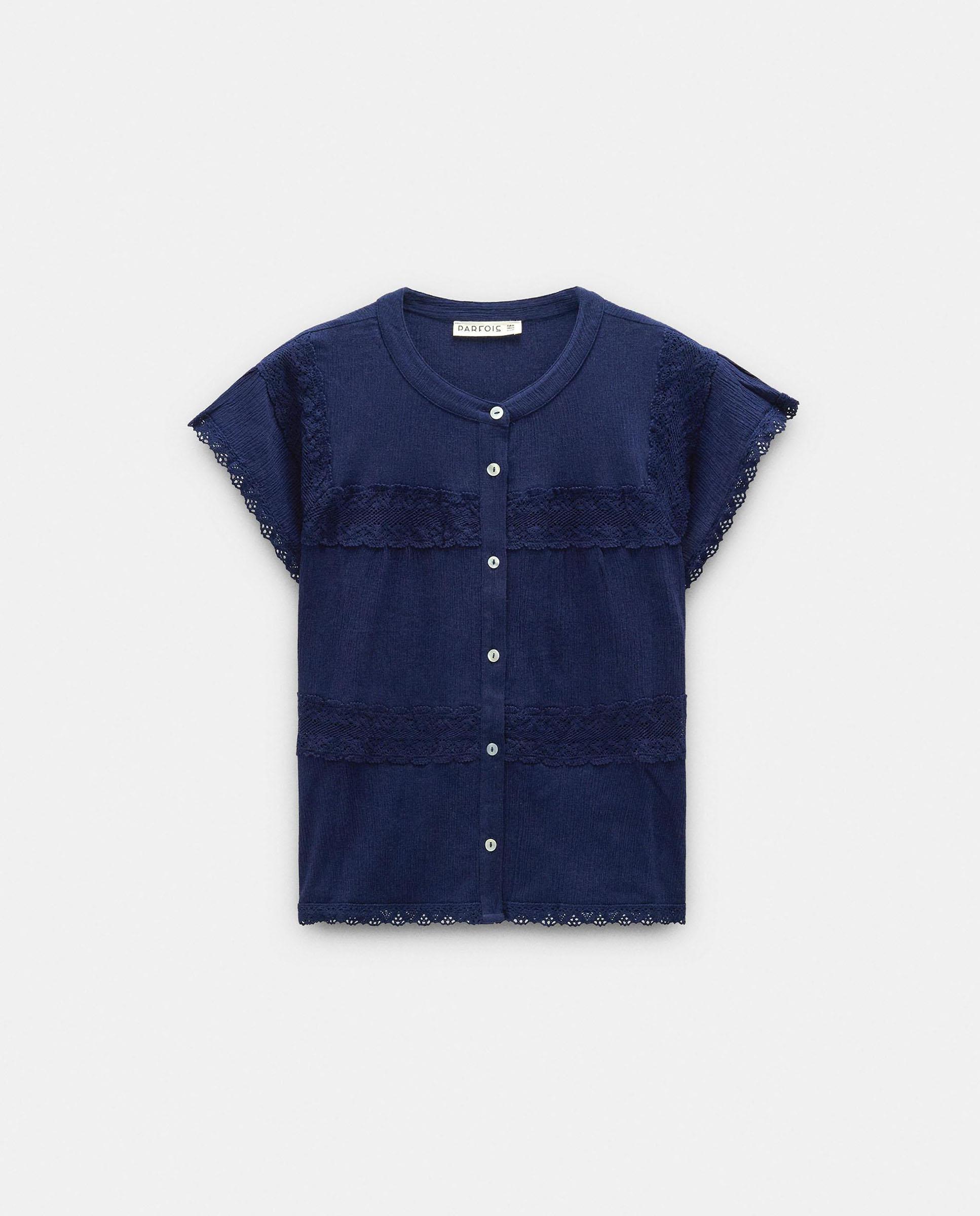 Blusa de mujer 100% algodón de manga corta con bordados - Parfois - Azul marino Azul marino-6