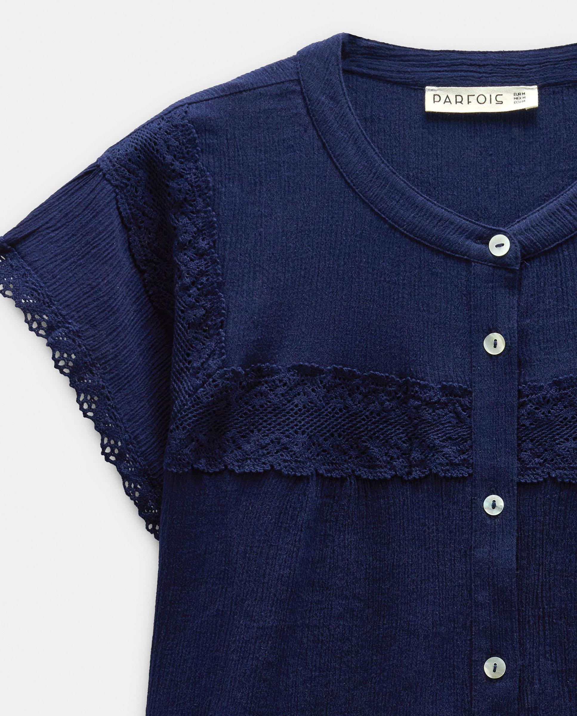 Blusa de mujer 100% algodón de manga corta con bordados - Parfois - Azul marino Azul marino-5