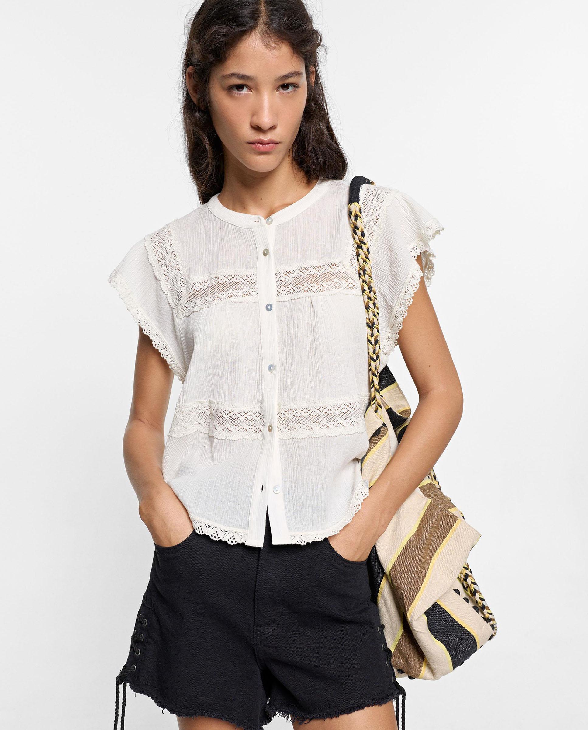 Blusa de mujer 100% algodón de manga corta con bordados - Parfois - Blanco Blanco-1