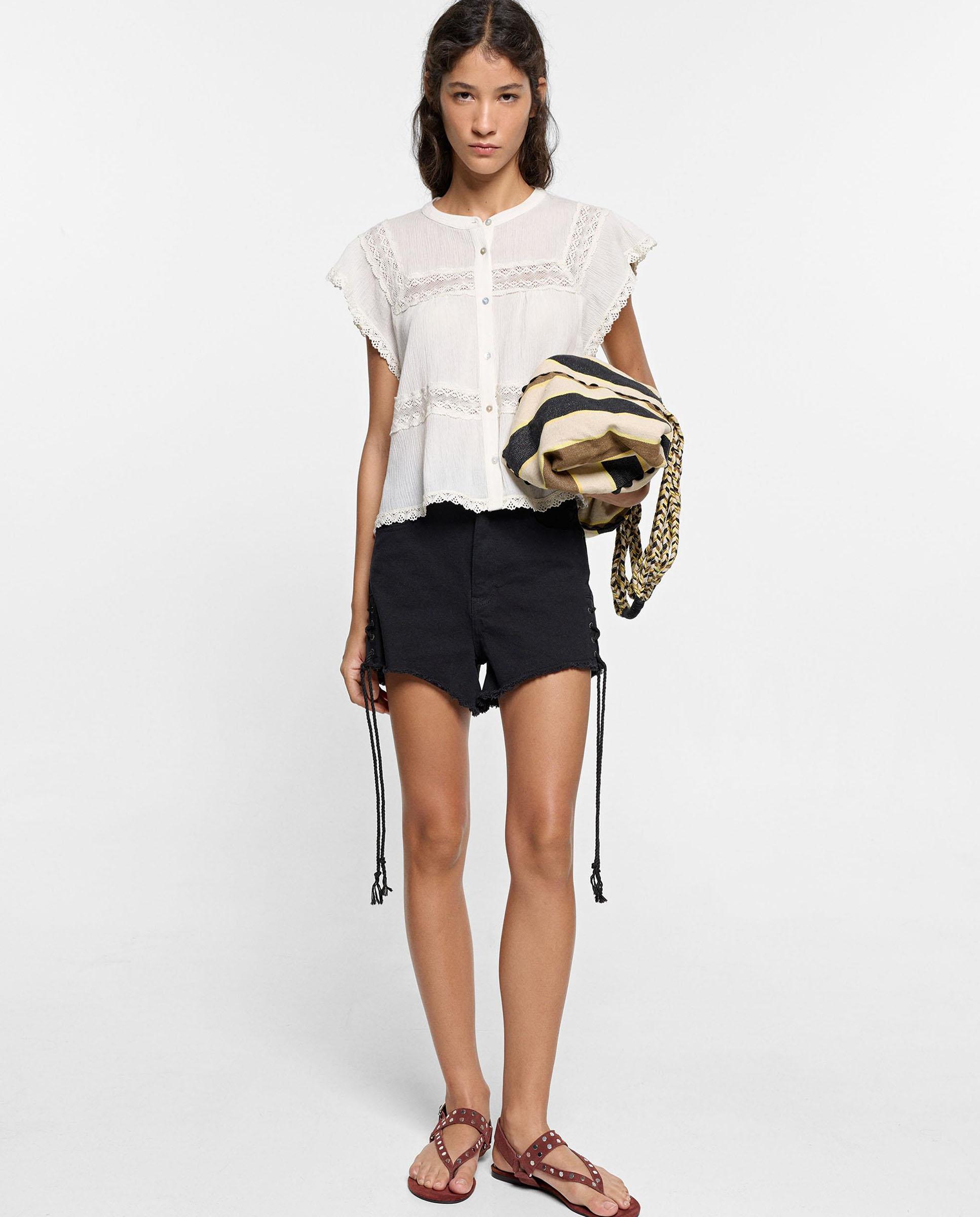 Blusa de mujer 100% algodón de manga corta con bordados - Parfois - Blanco Blanco-2