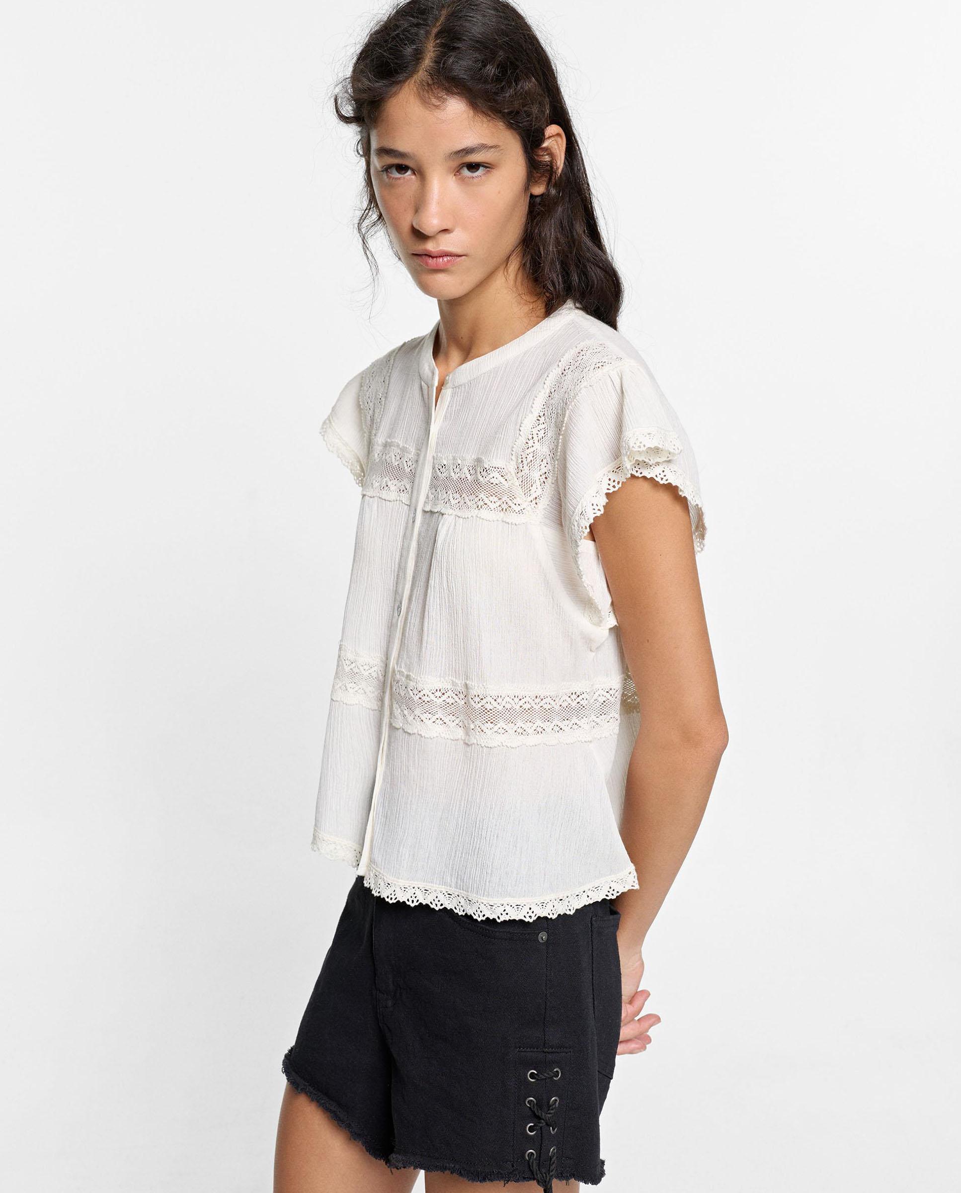 Blusa de mujer 100% algodón de manga corta con bordados - Parfois - Blanco Blanco-3