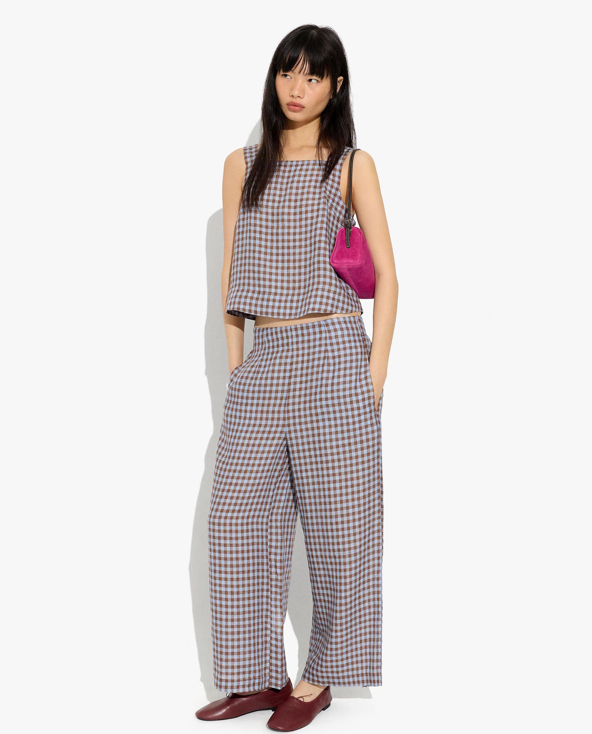 Imagen 0 de Pantalones anchos de mujer 100% lino con estampado vichy Azul