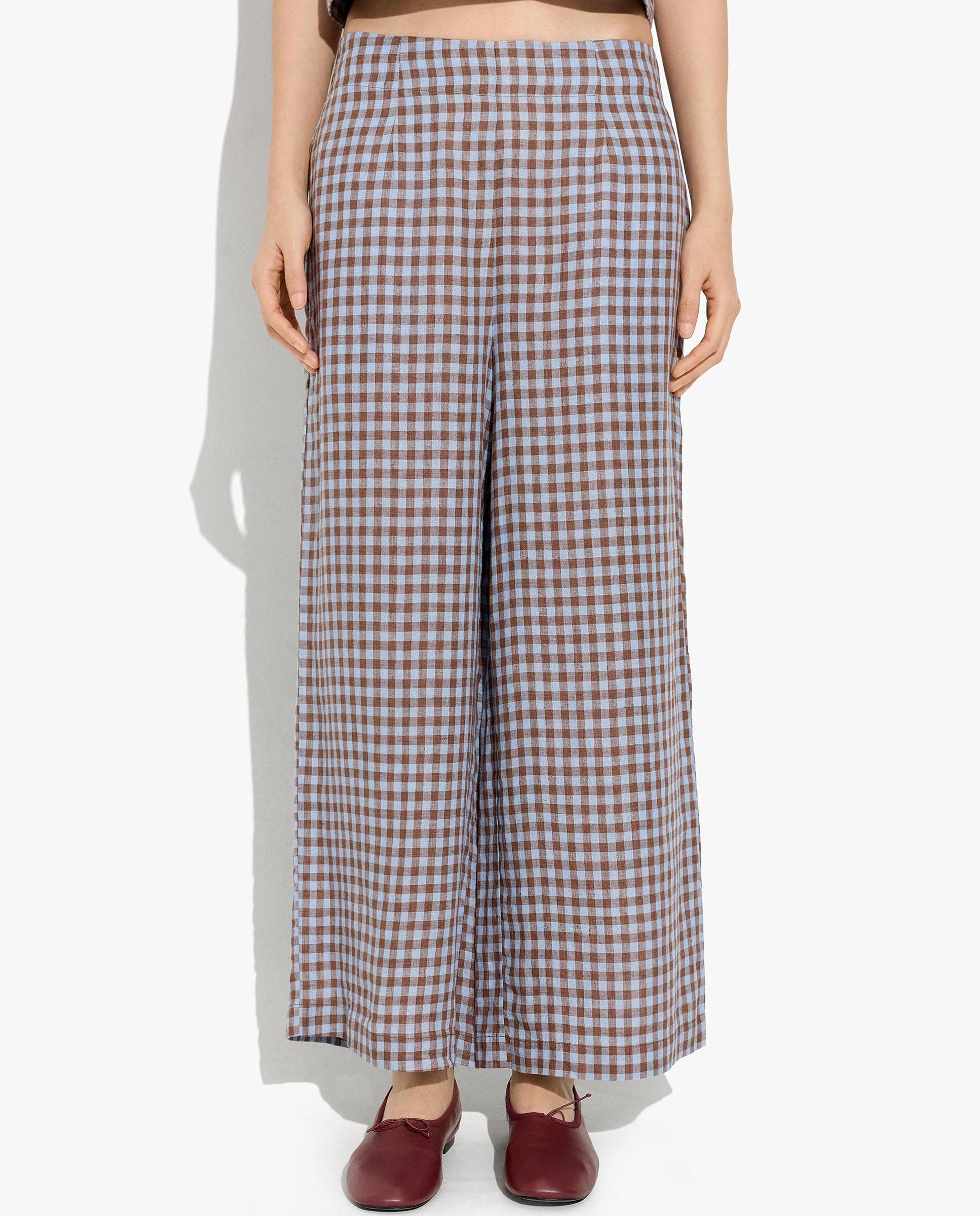 Pantalones anchos de mujer 100% lino con estampado vichy - Parfois - Azul Azul-2