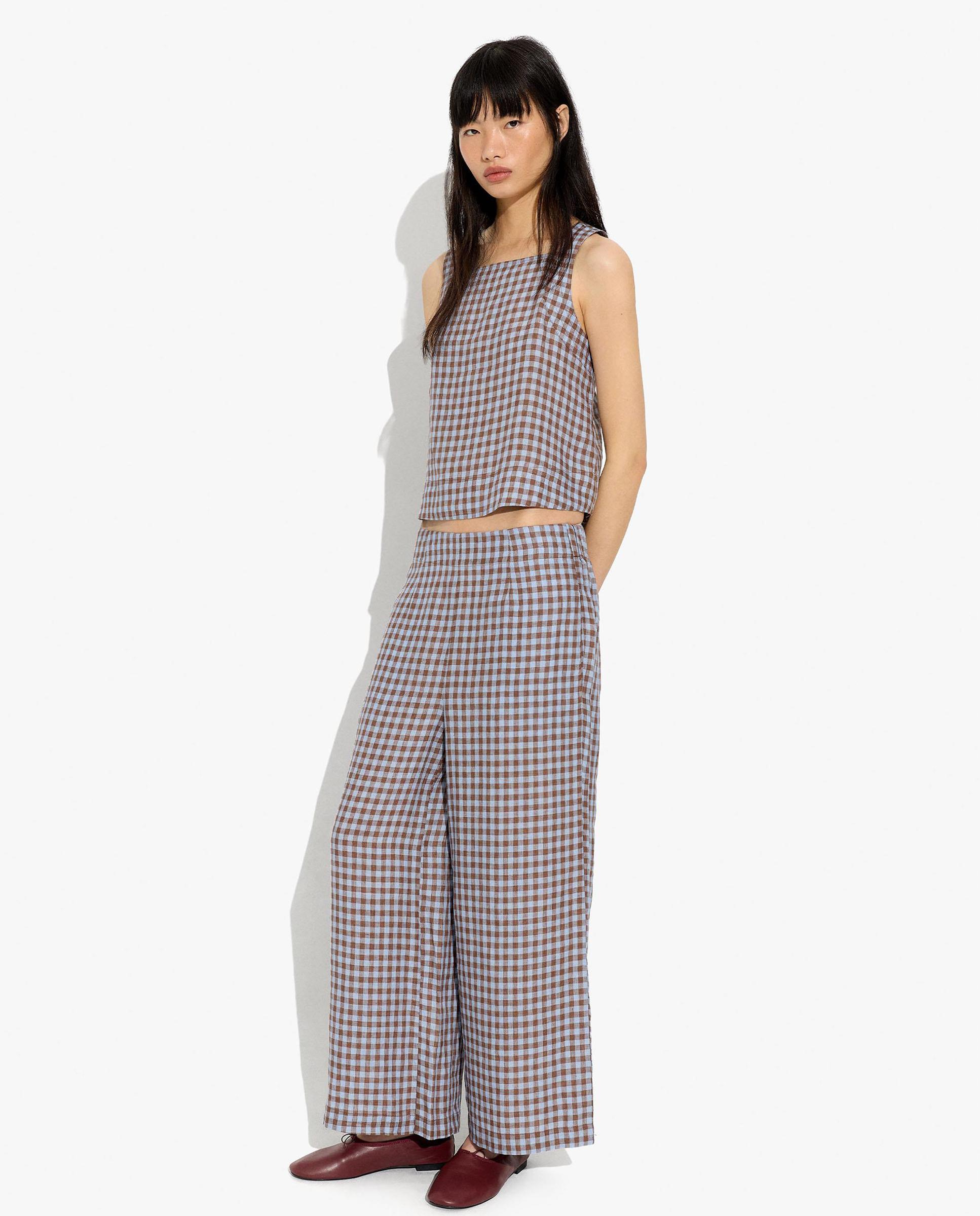 Pantalones anchos de mujer 100% lino con estampado vichy - Parfois - Azul Azul-3