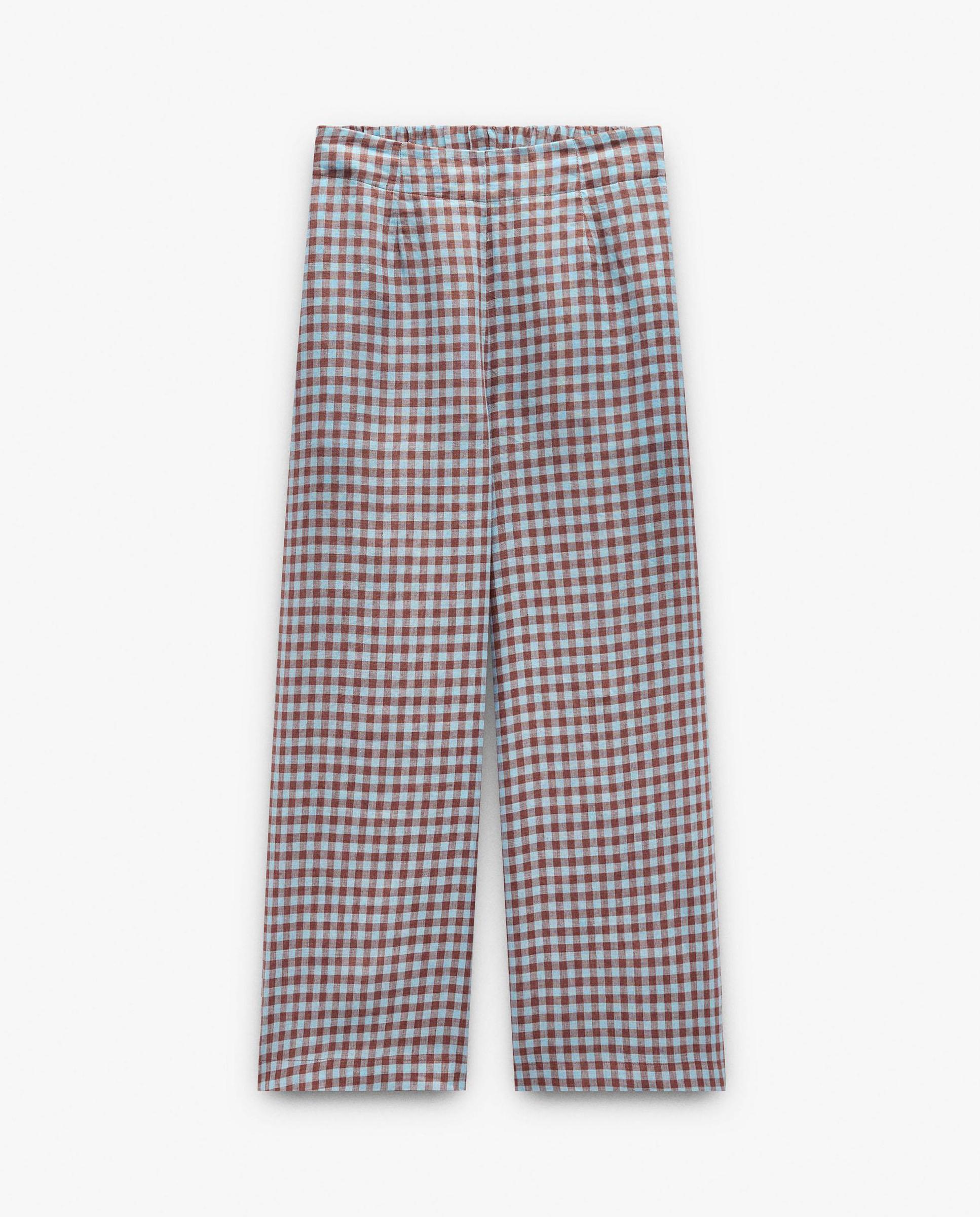 Pantalones anchos de mujer 100% lino con estampado vichy - Parfois - Azul Azul-6