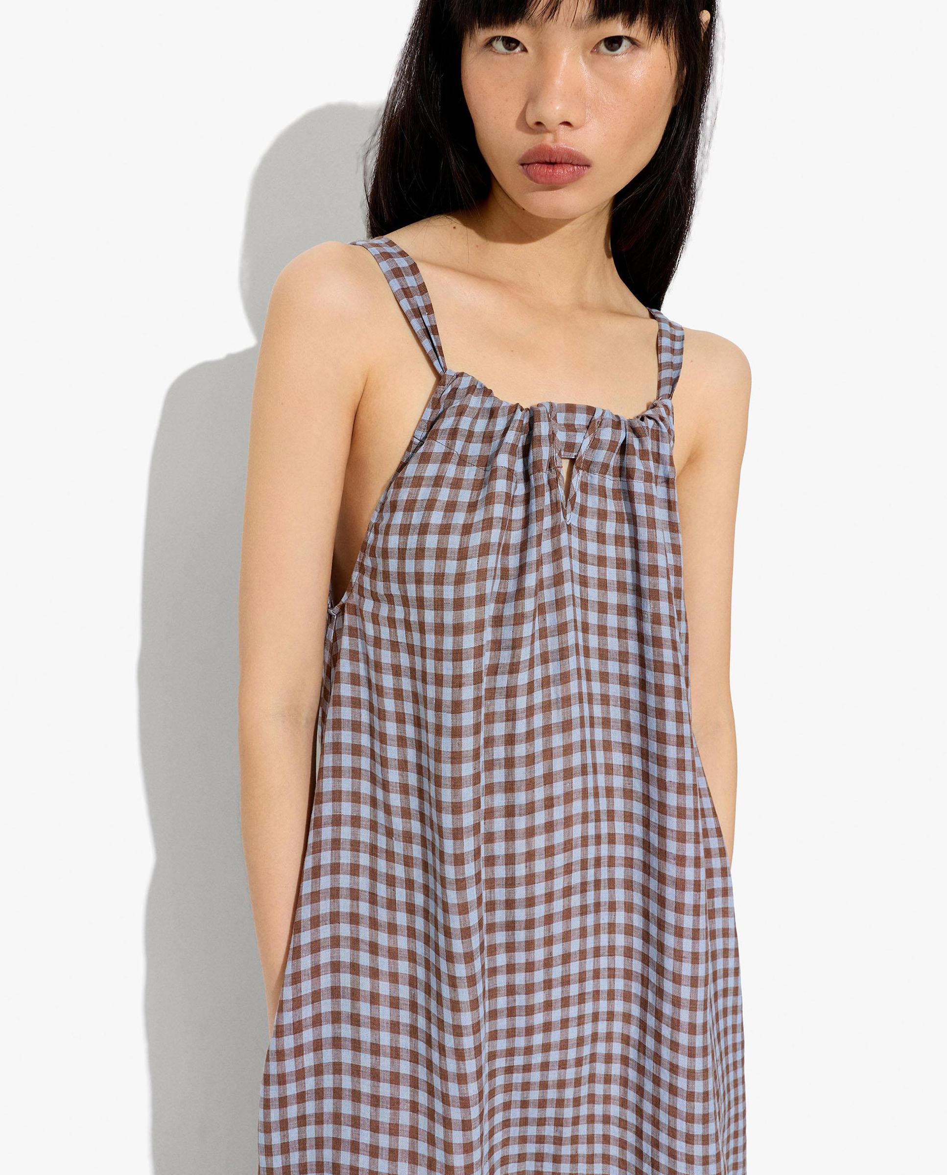 Vestido midi 100% lino con estampado vichy - Parfois - Multicolor Multicolor-2