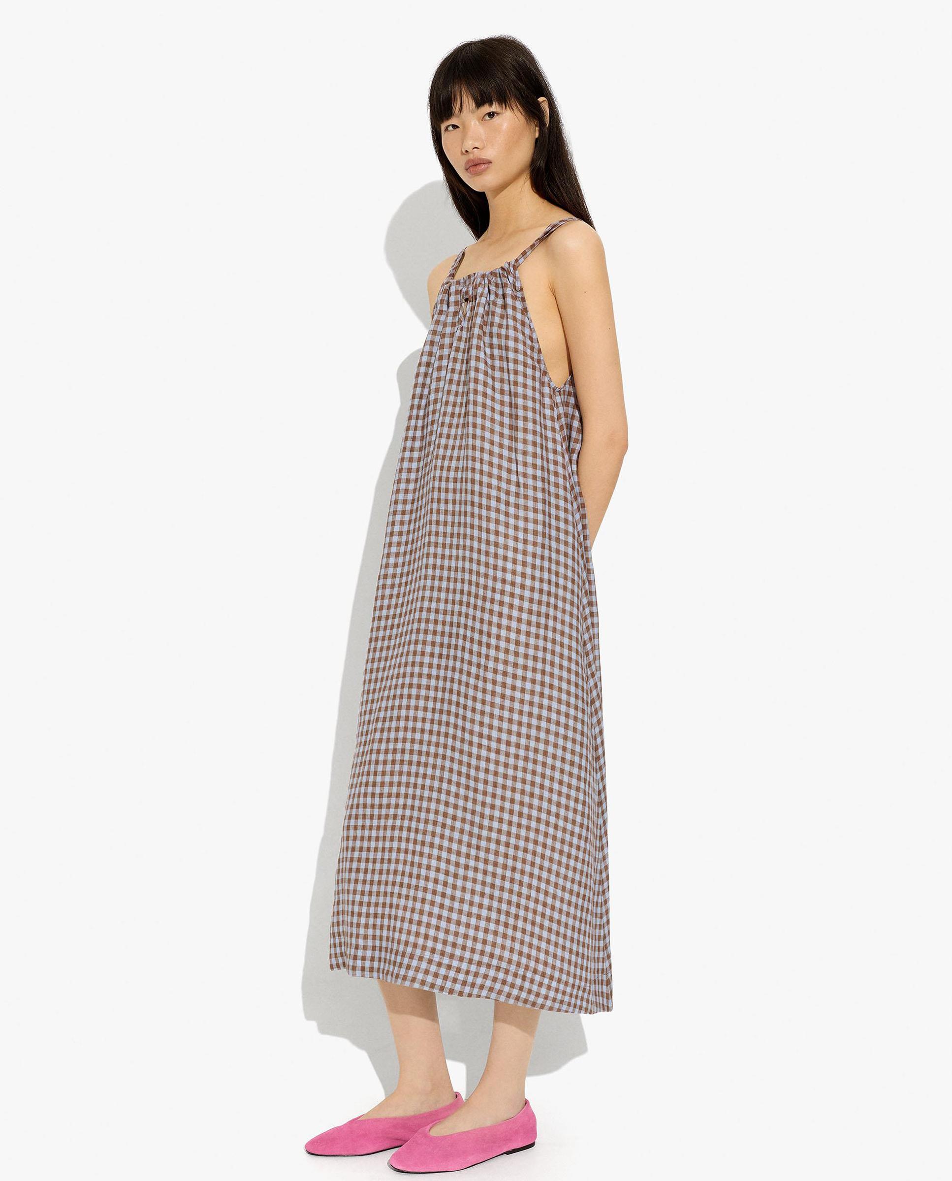 Vestido midi 100% lino con estampado vichy - Parfois - Multicolor Multicolor-3