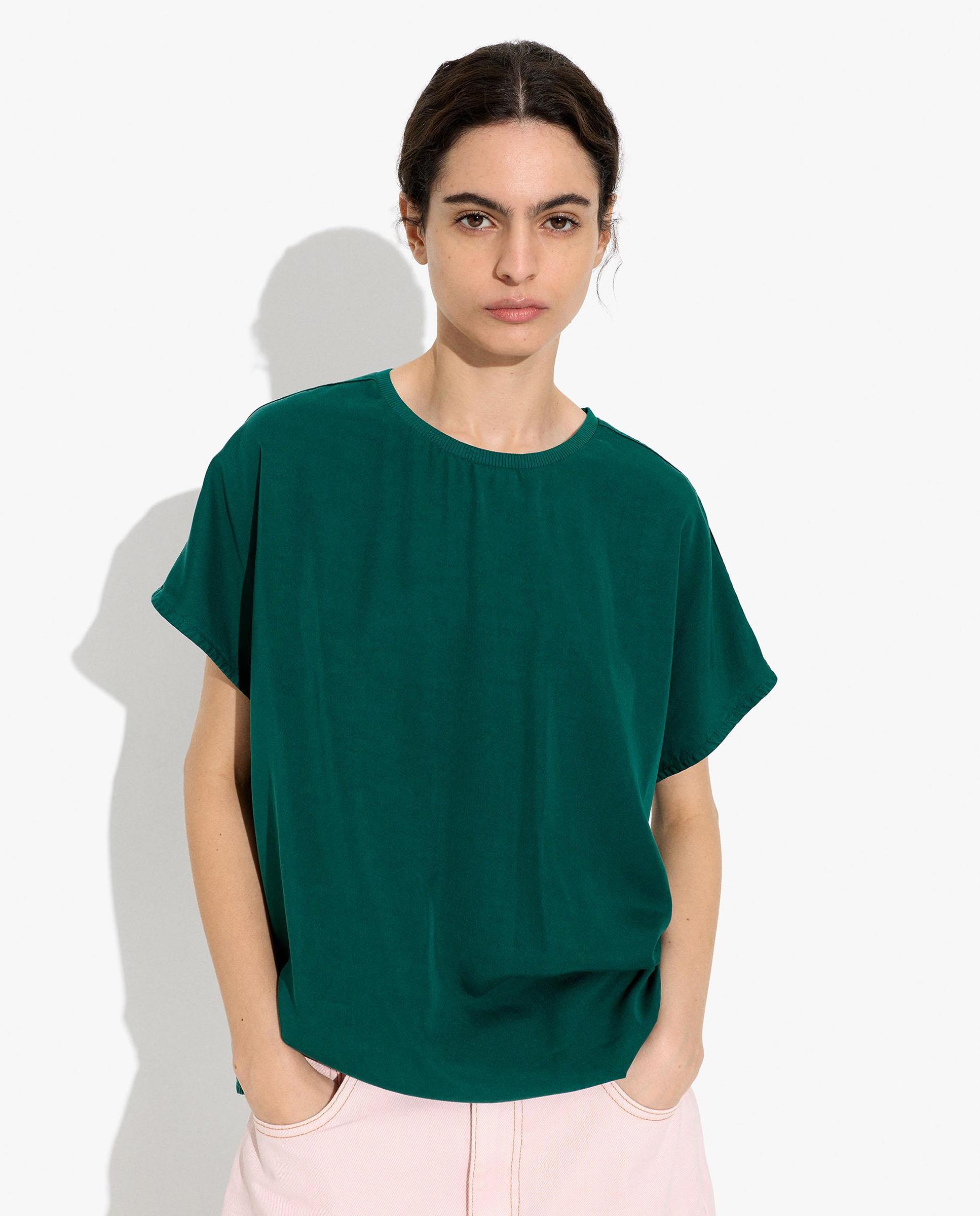 Camiseta de mujer 100% liocel de manga corta en liso - Parfois - Verde Verde-1