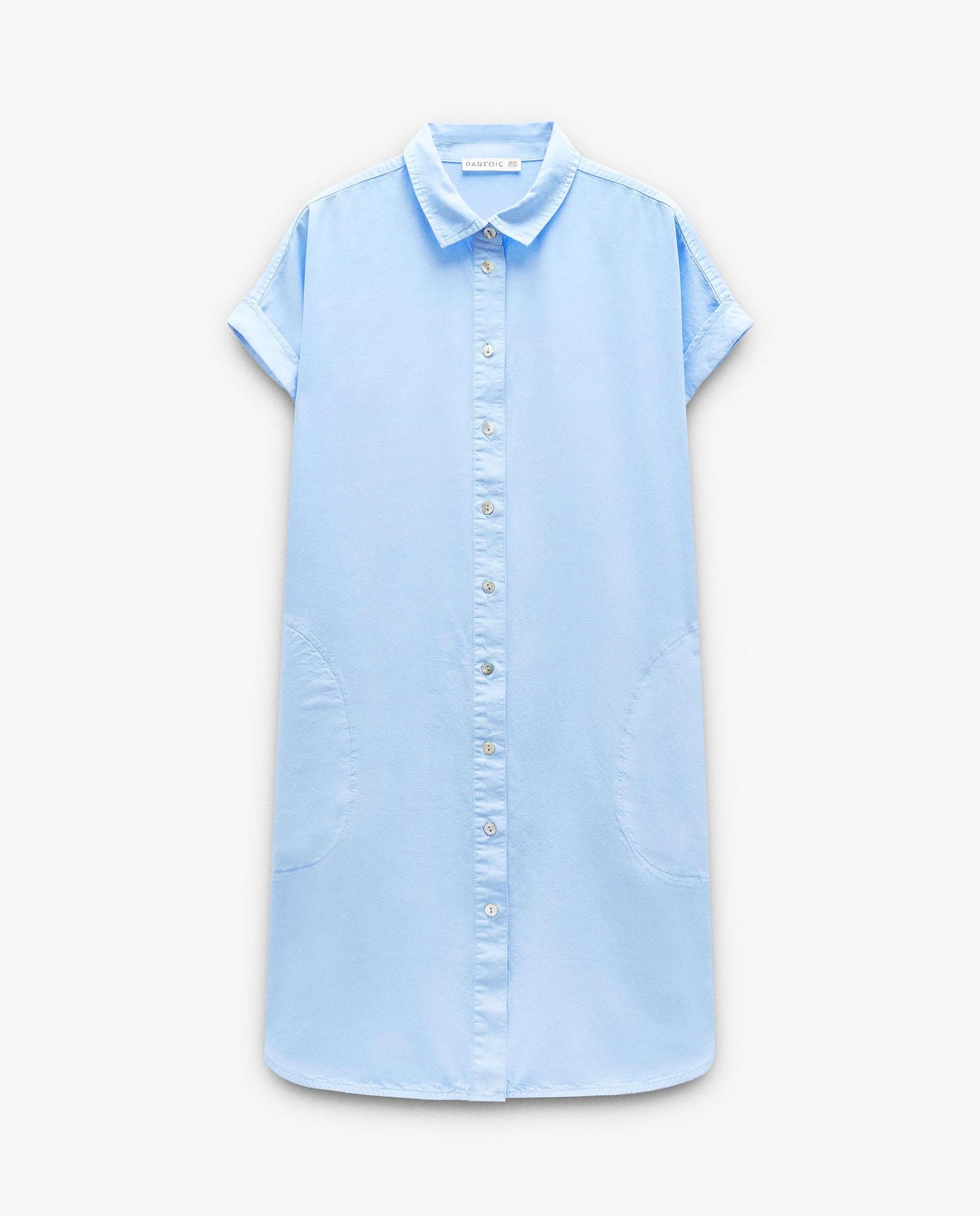 Vestido corto 100% liocel camisero en liso - Parfois - Azul claro Azul claro-6