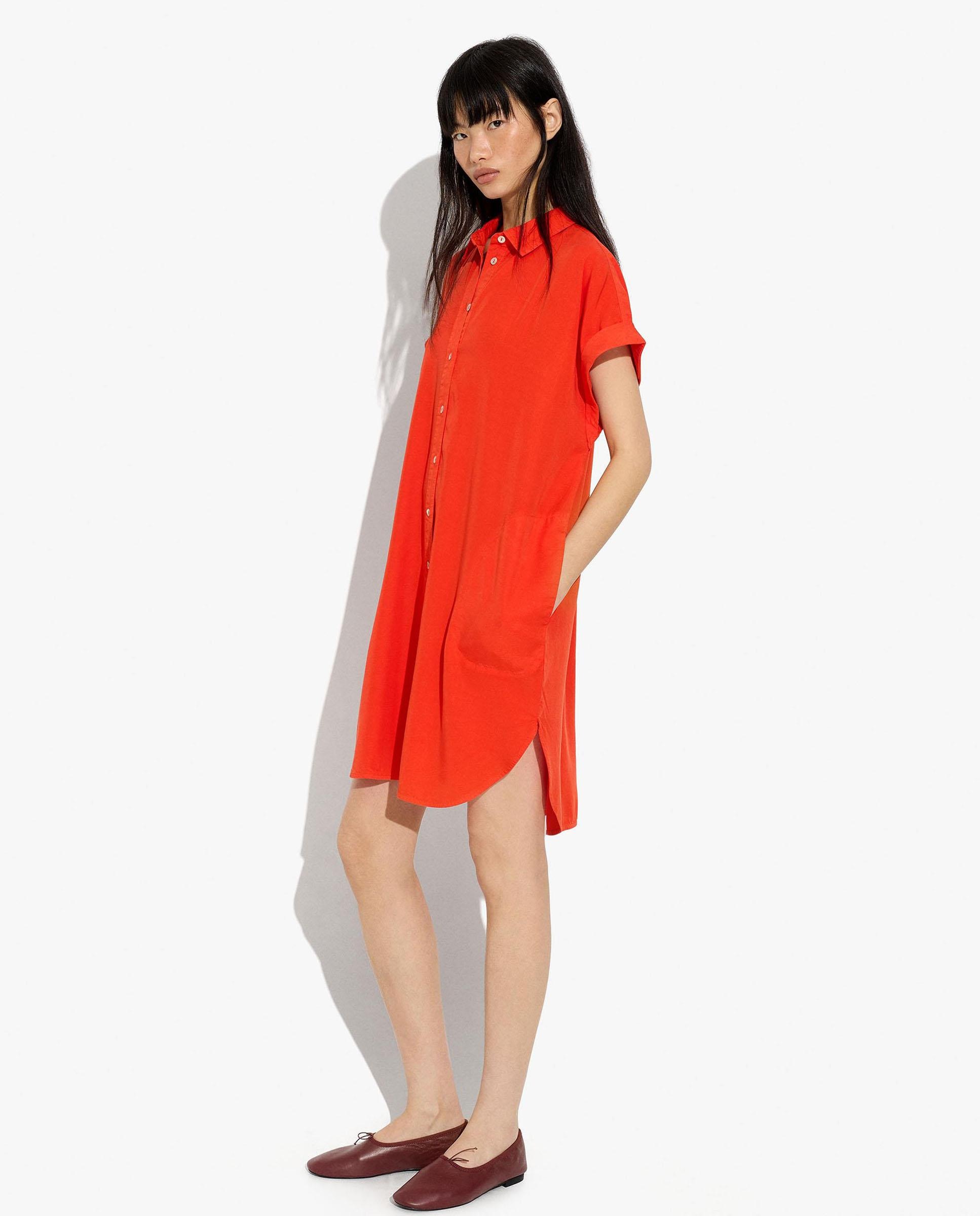 Vestido corto 100% liocel camisero en liso - Parfois - Naranja Naranja-2