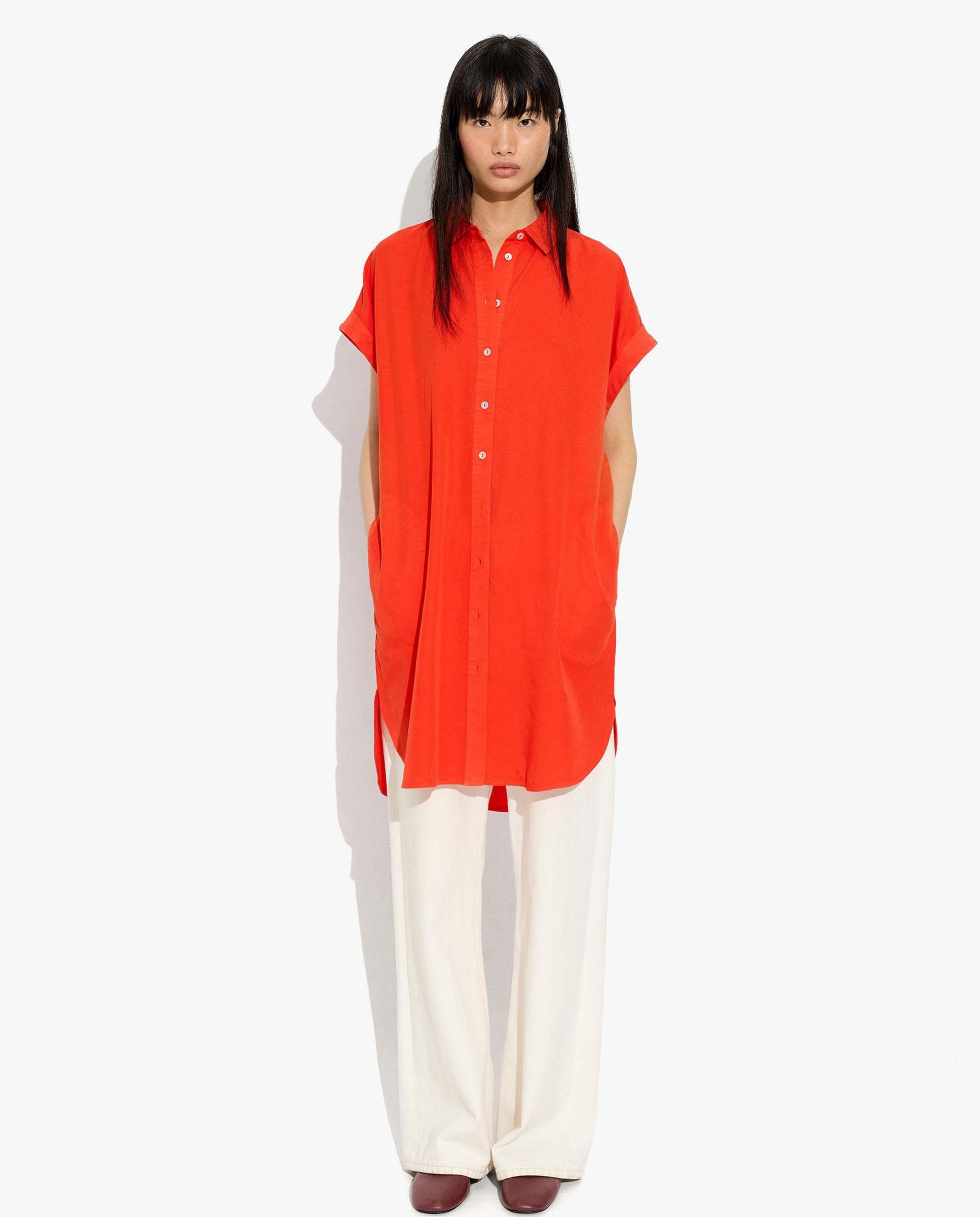 Vestido corto 100% liocel camisero en liso - Parfois - Naranja Naranja-3