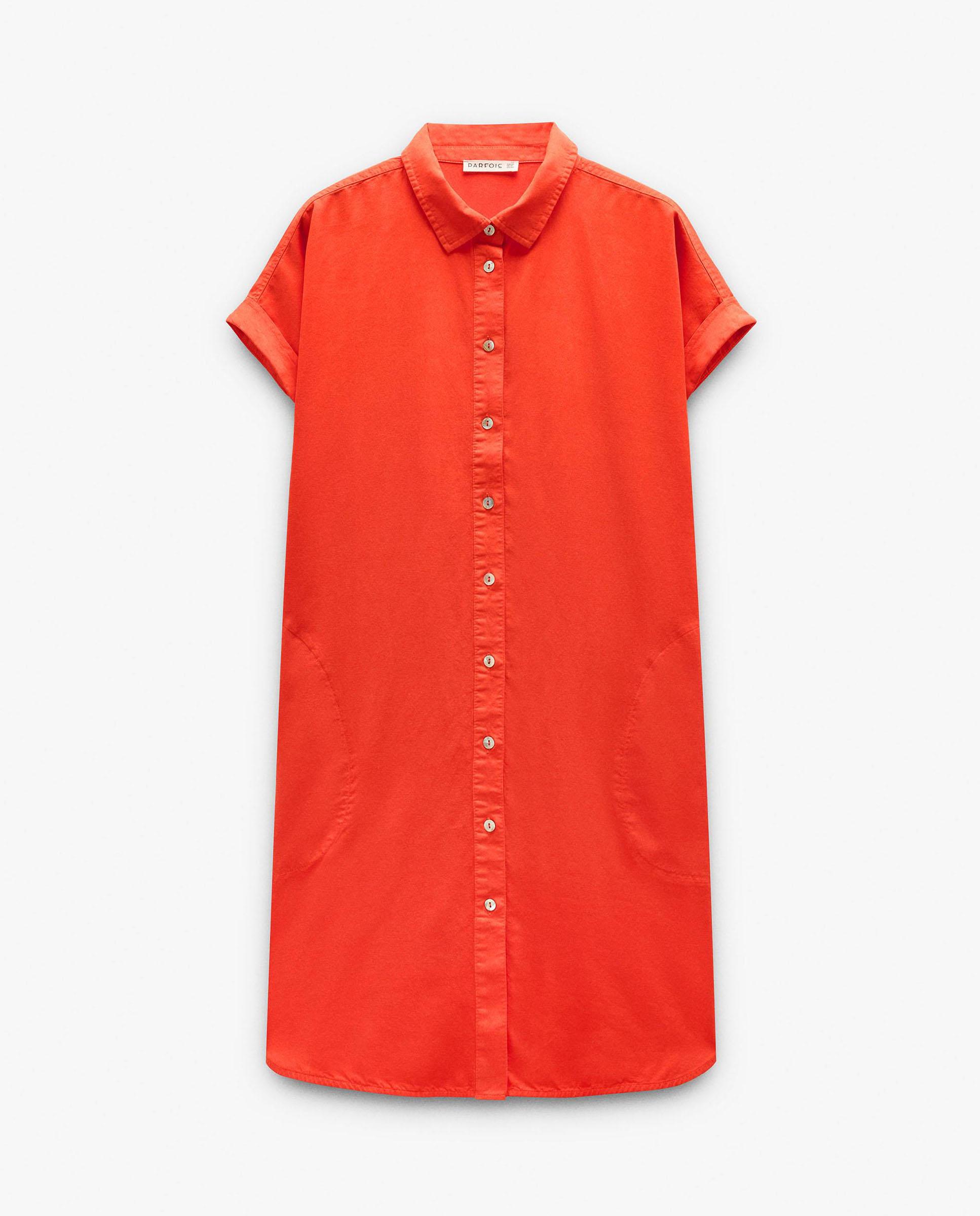 Vestido corto 100% liocel camisero en liso - Parfois - Naranja Naranja-6