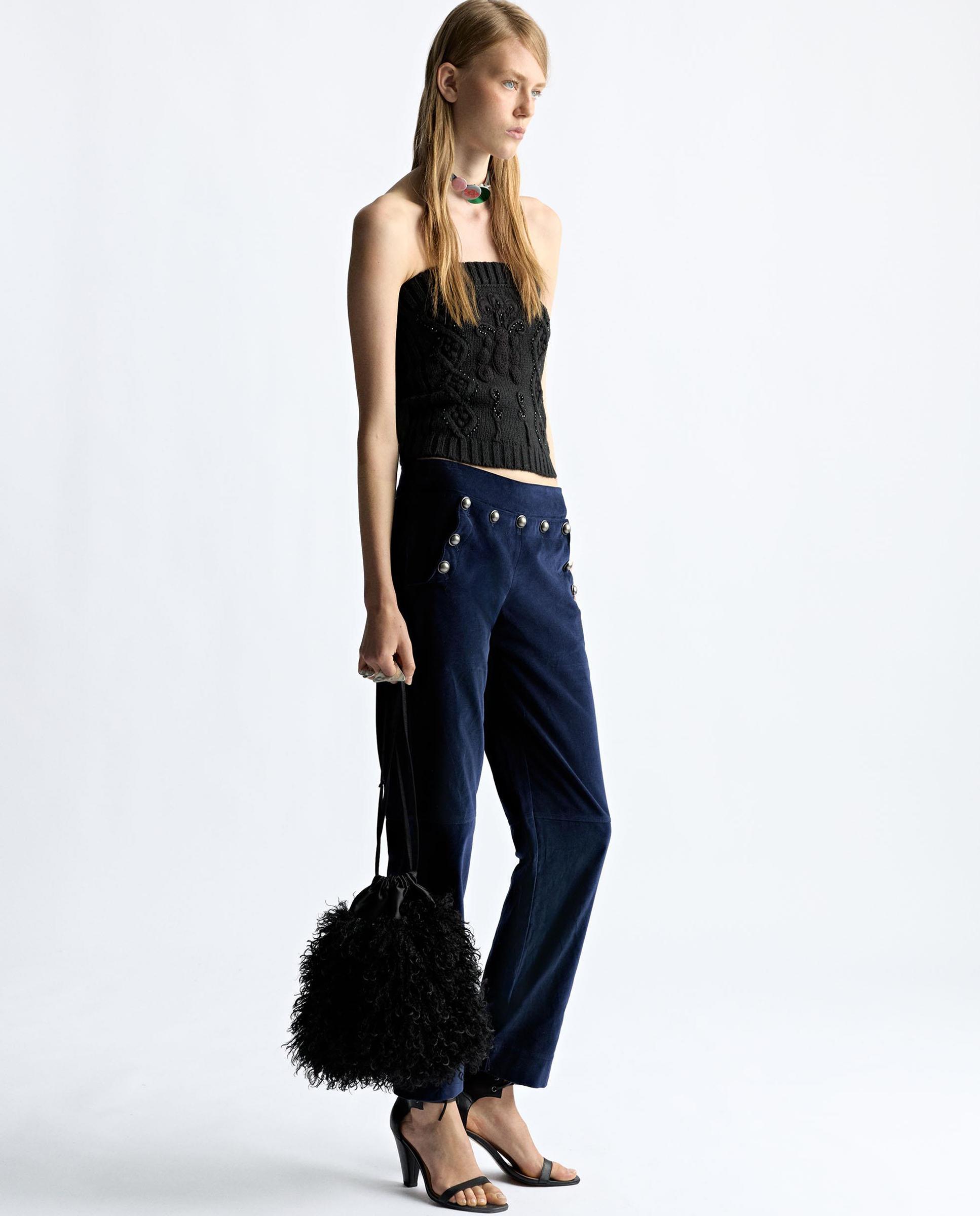 Pantalones rectos de mujer 100% algodón con tachuelas decorativas - Parfois - Azul Azul-2