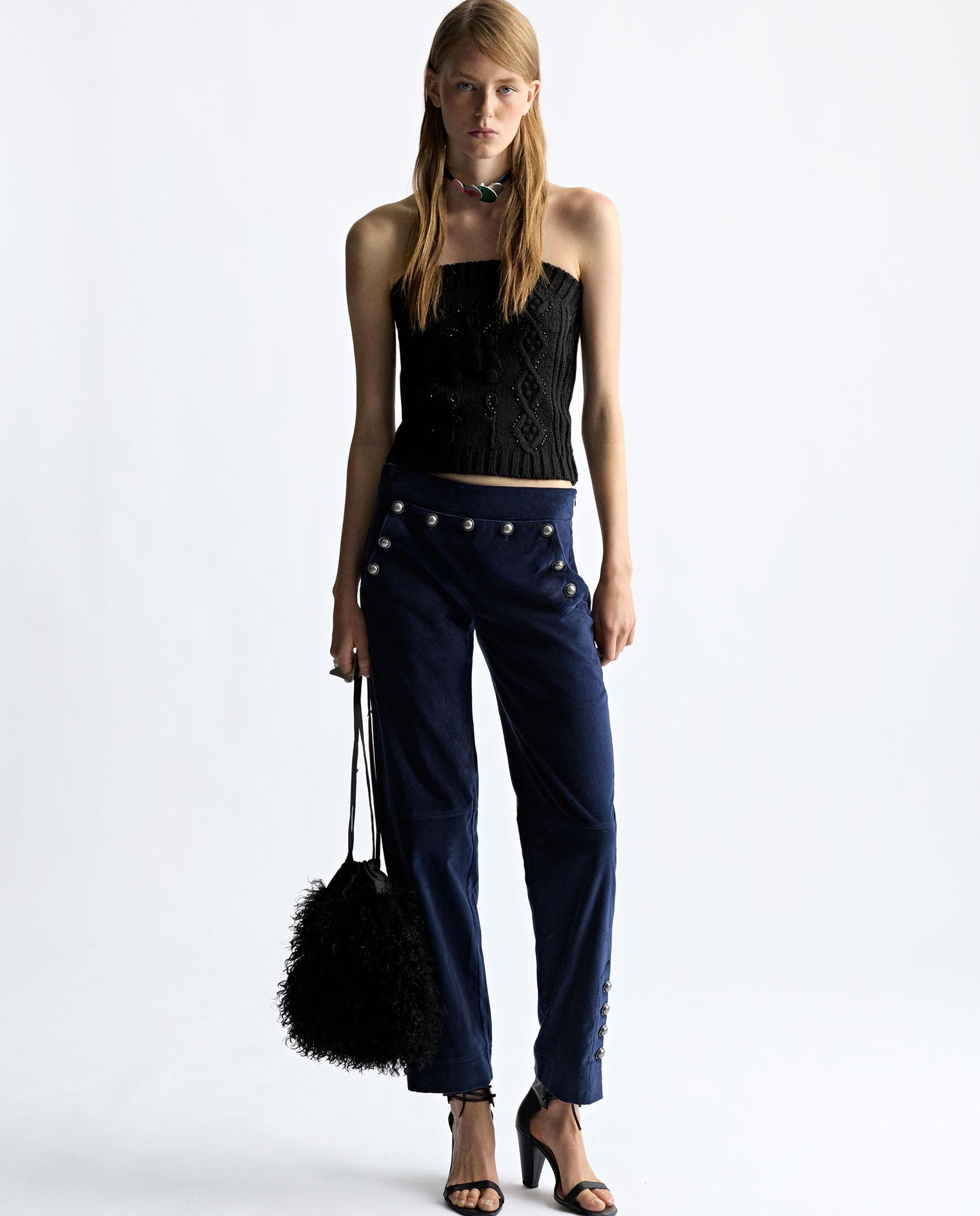 Pantalones rectos de mujer 100% algodón con tachuelas decorativas - Parfois - Azul Azul-3