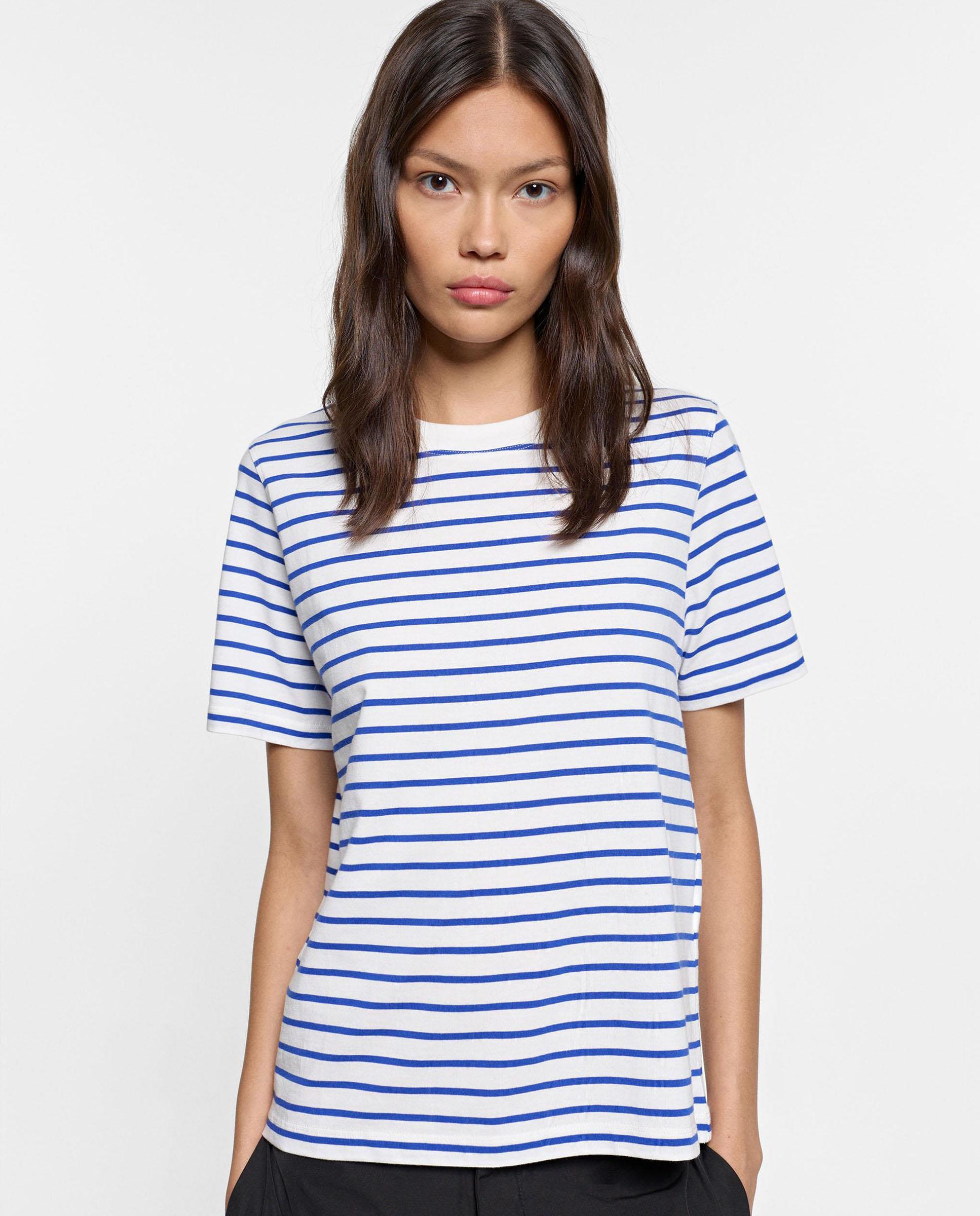 Camiseta de mujer 100% algodón de manga corta con estampado de rayas - Parfois - Azul Azul-1