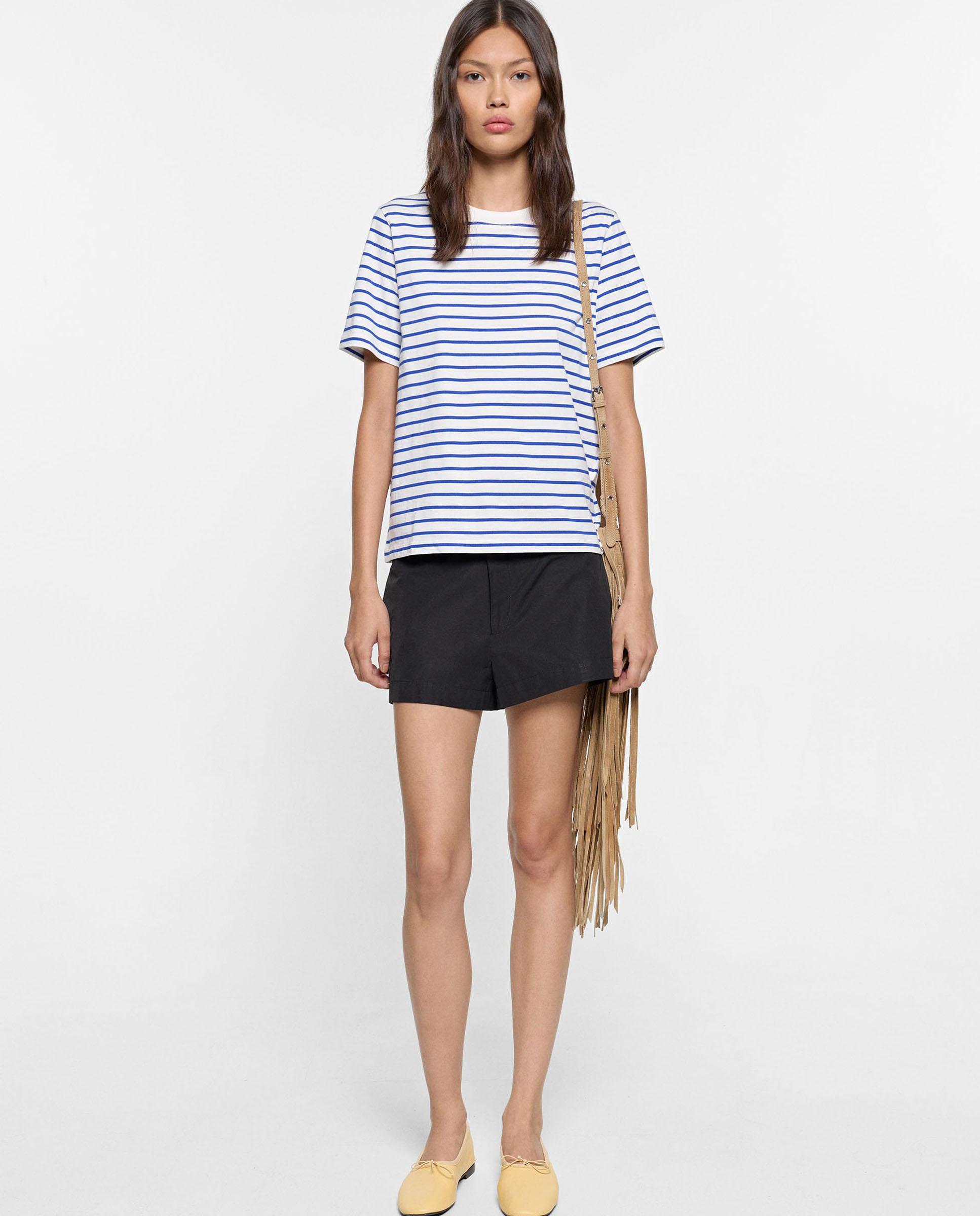 Camiseta de mujer 100% algodón de manga corta con estampado de rayas - Parfois - Azul Azul-2