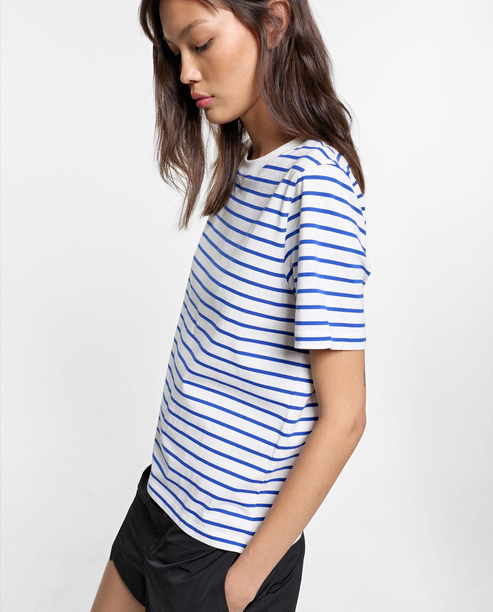 Camiseta de mujer 100% algodón de manga corta con estampado de rayas - Parfois - Azul Azul-3