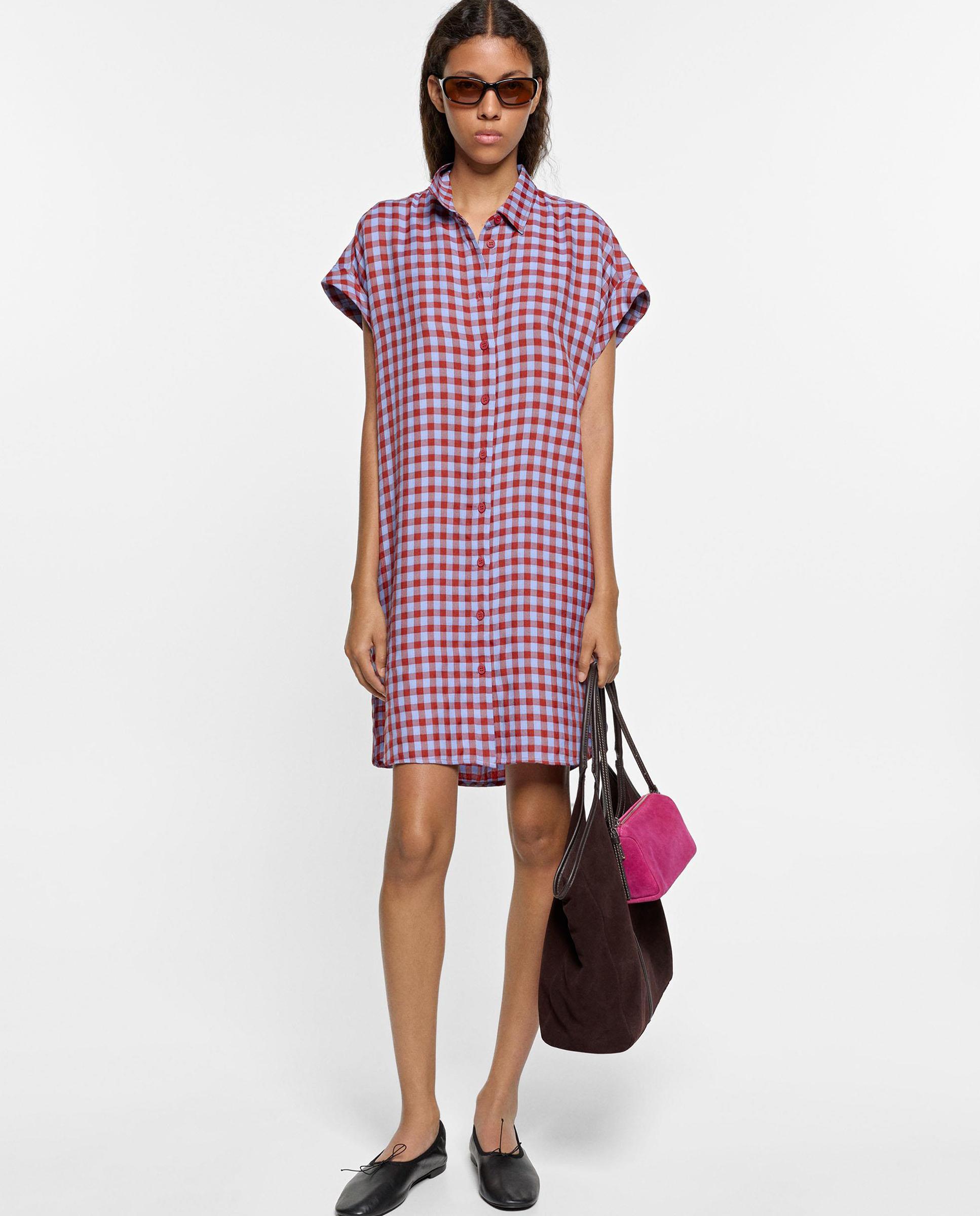 Vestido corto estilo camisero con estampado vichy - Parfois - Rojo Rojo-1