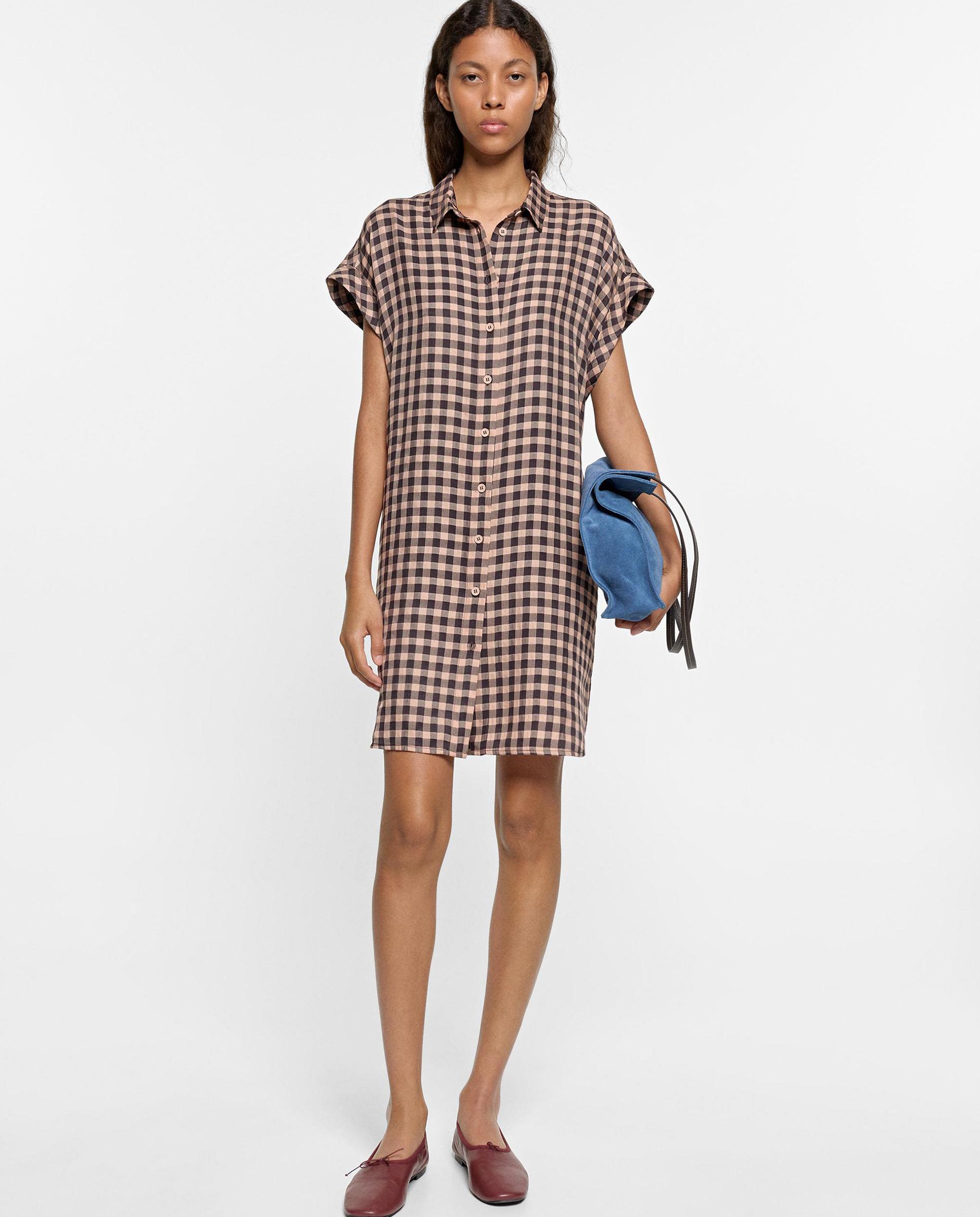 Vestido corto estilo camisero con estampado vichy - Parfois - Marrón Marrón-2