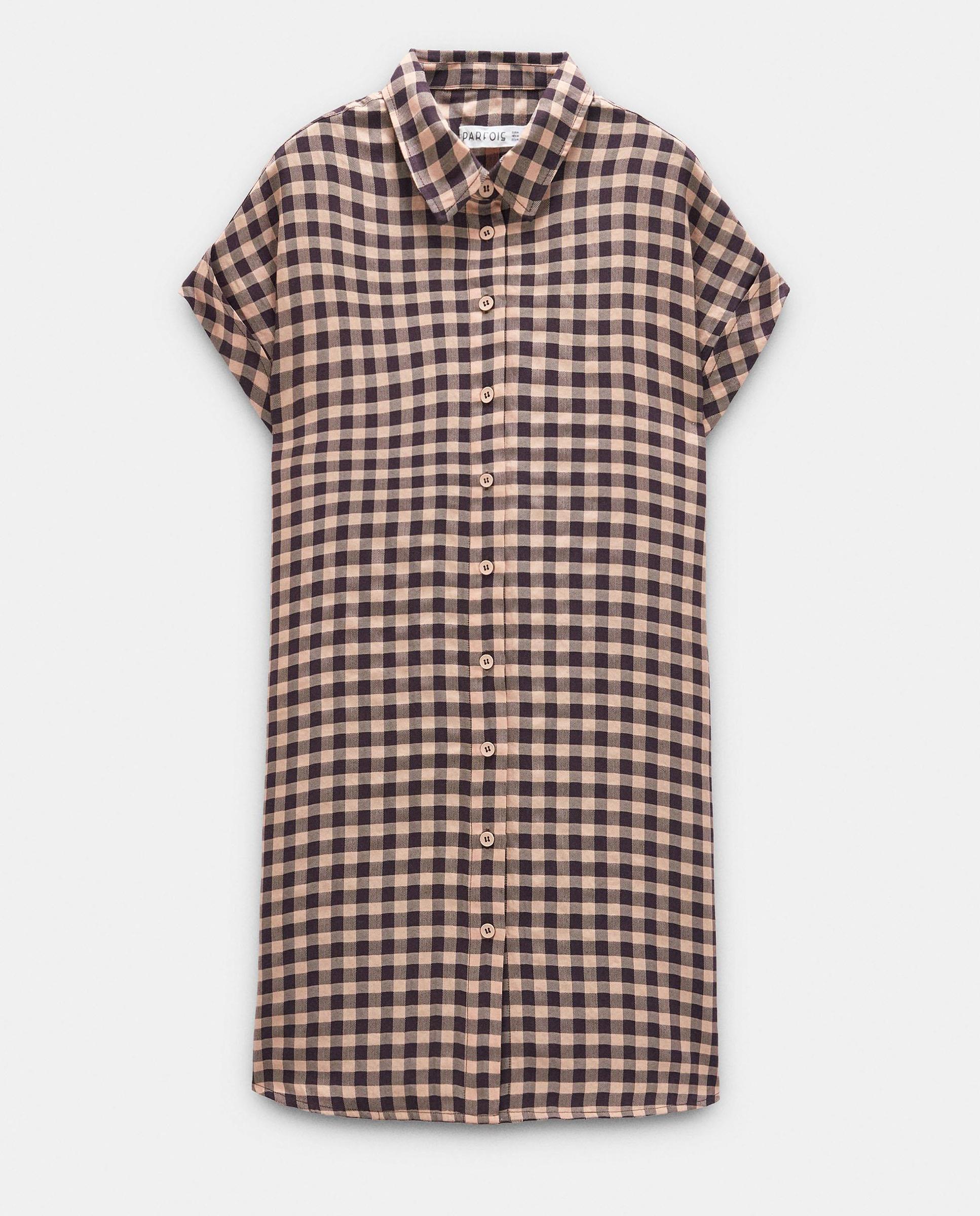 Vestido corto estilo camisero con estampado vichy - Parfois - Marrón Marrón-6