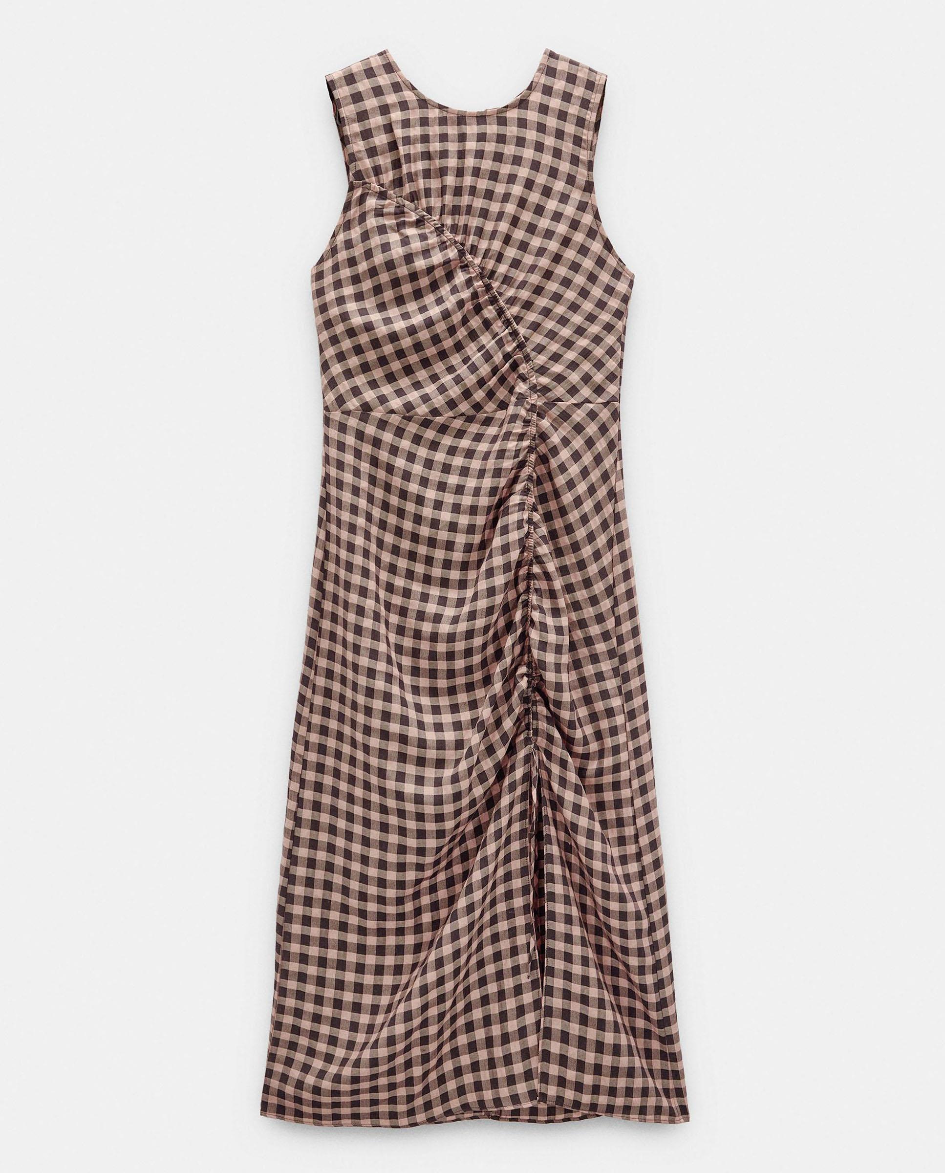 Vestido midi ajustable con estampado vichy y fruncido frontal - Parfois - Marrón oscuro Marrón oscuro-6