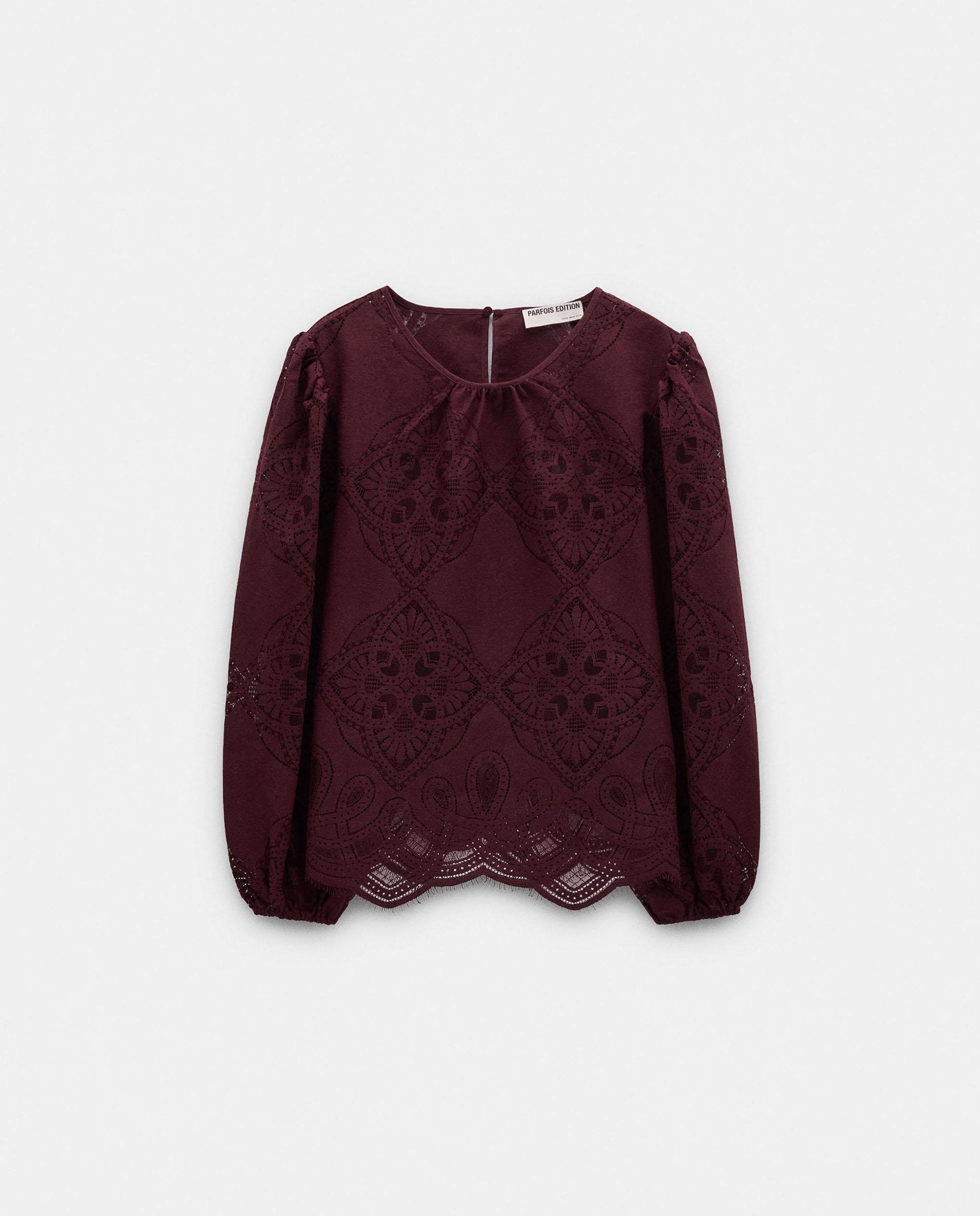 Imagen 7 de Blusa de mujer de manga larga troquelada en liso - Parfois - Burdeos Burdeos