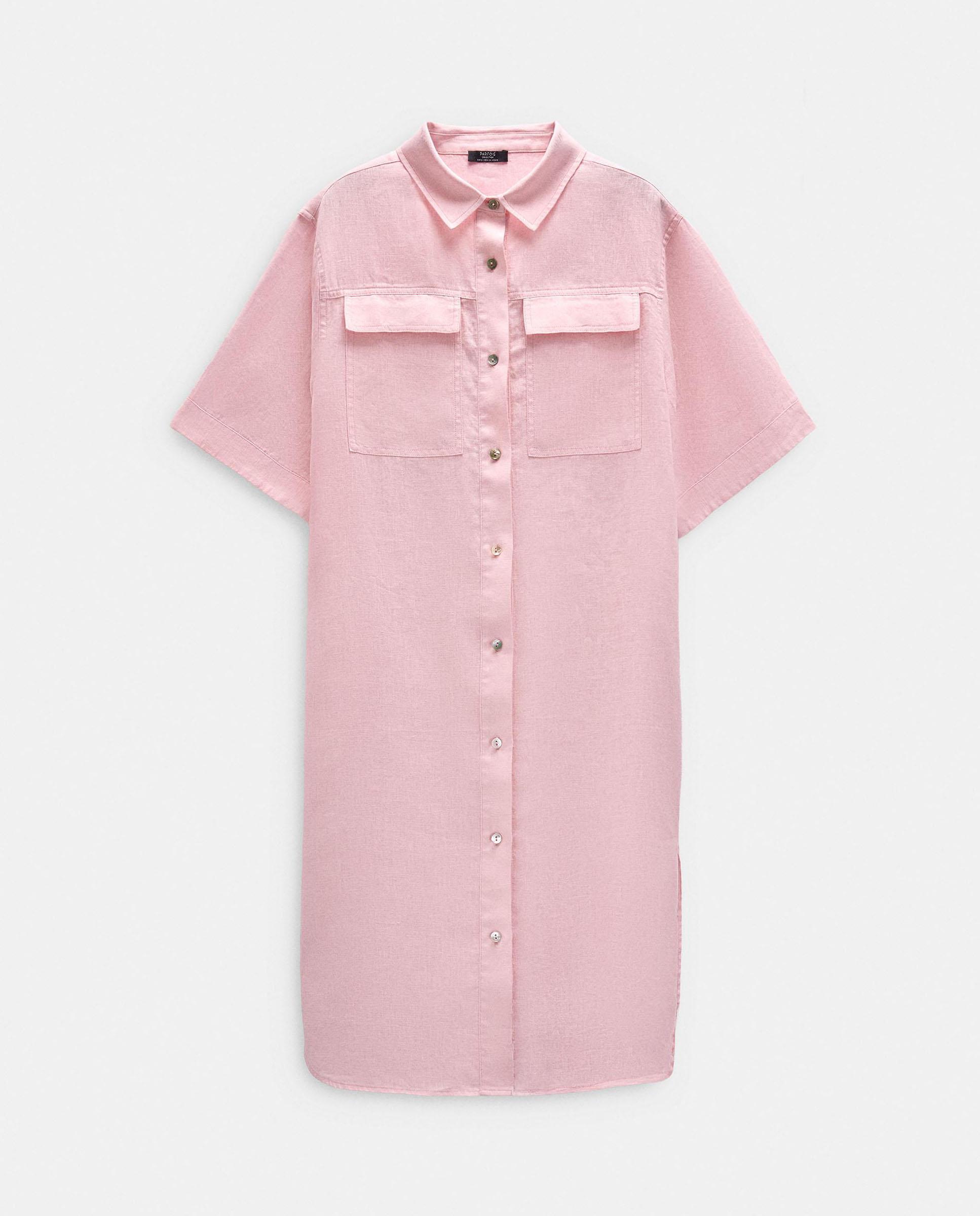 Vestido midi 100% lino camisero en liso - Parfois - Rosa Rosa-1