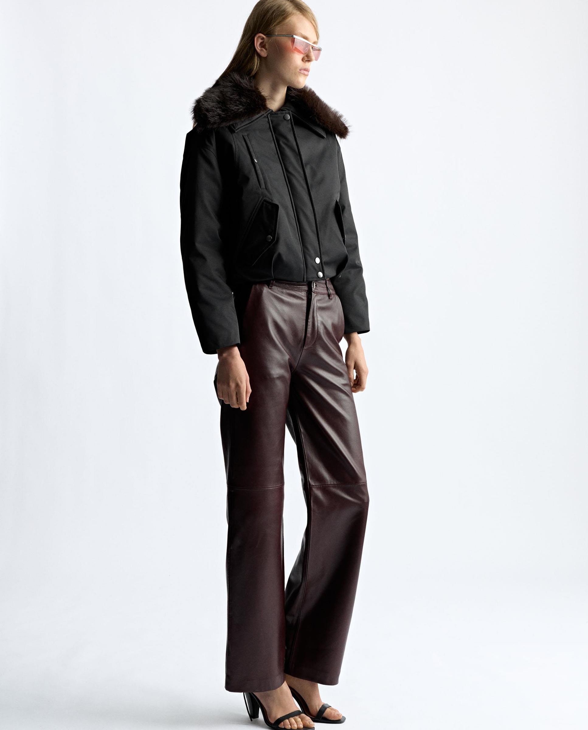 Pantalones rectos de mujer 100% piel con cierre de cremallera en liso - Parfois - Burdeos Burdeos-2