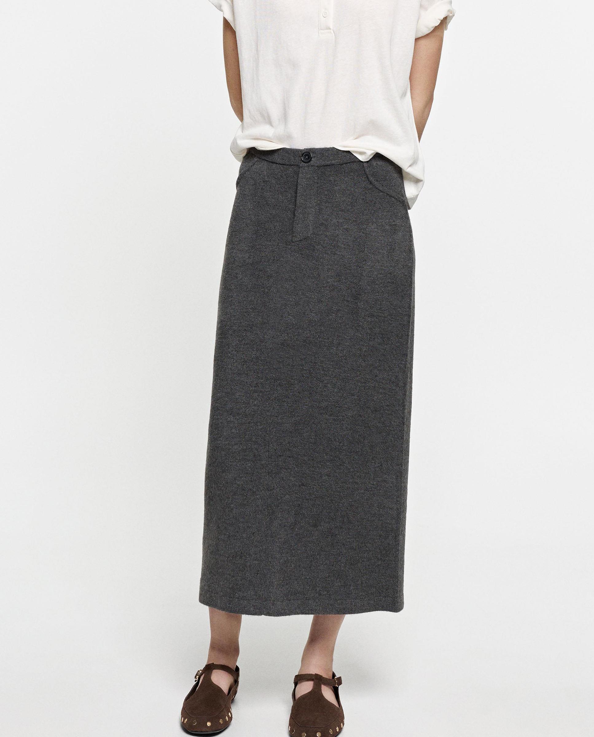 Falda larga de punto en liso - Parfois - Gris Gris-3