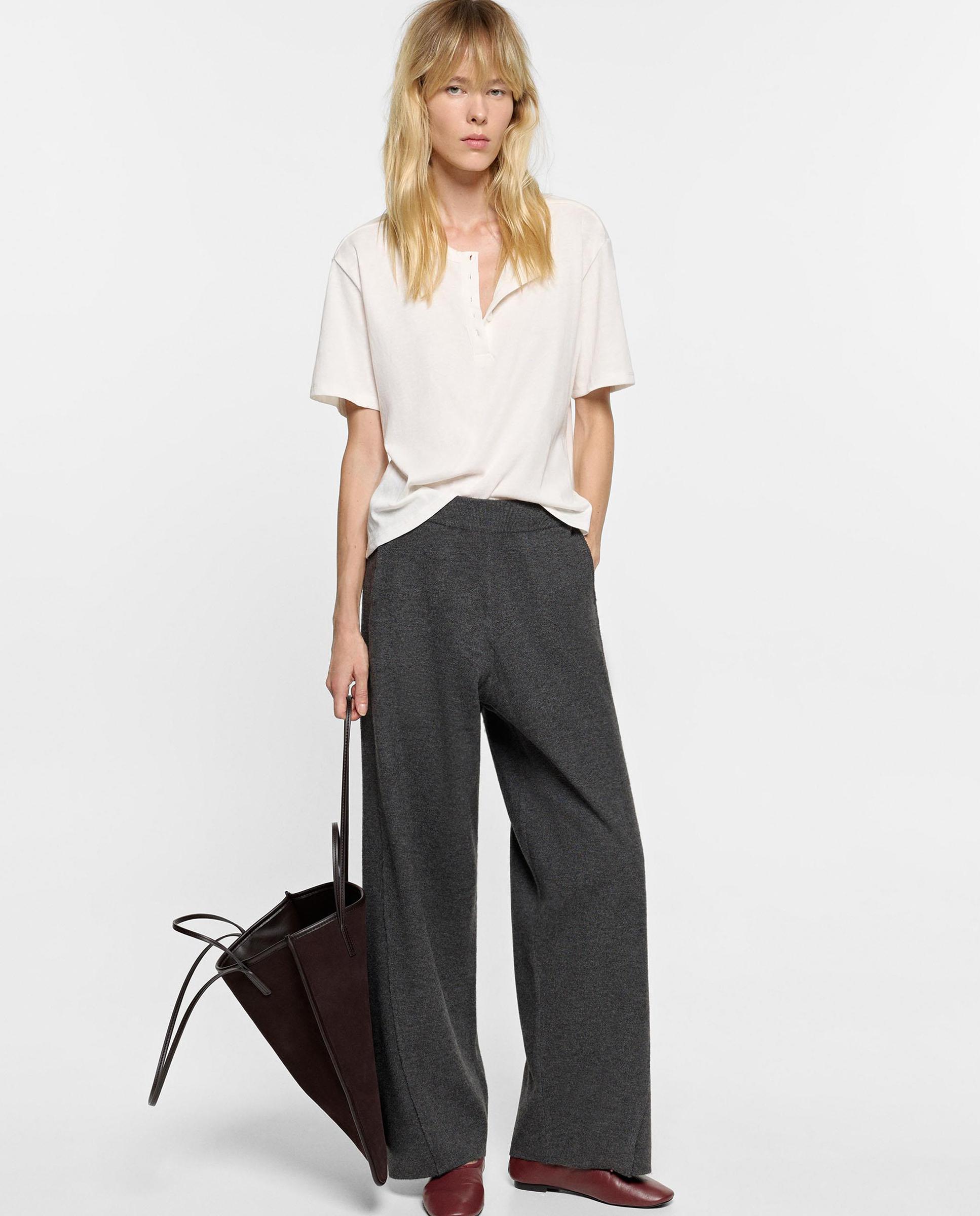 Imagen 0 de Pantalones rectos de mujer de punto con cintura elástica en liso Gris