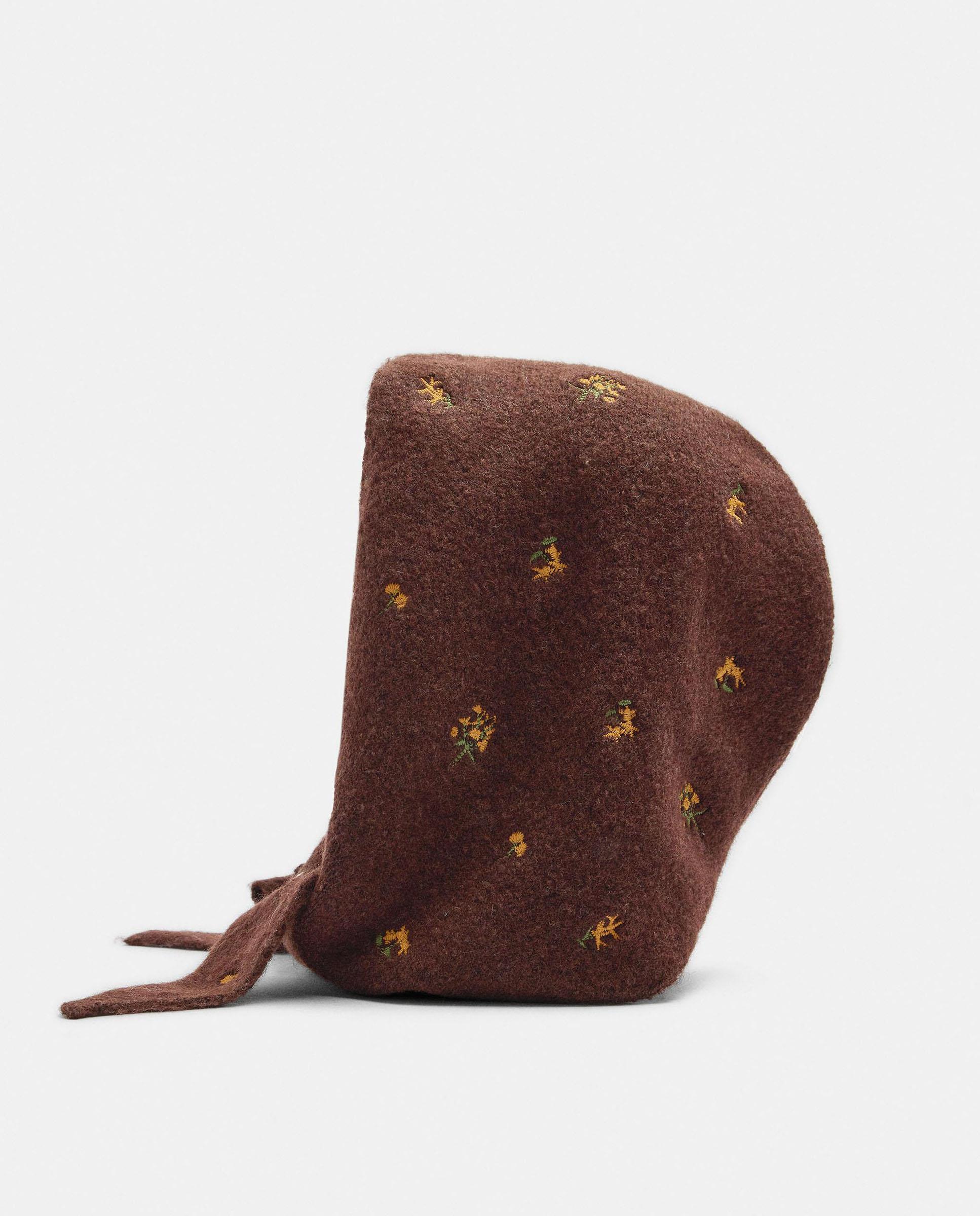Gorro de mujer 100% lana con bordados florales - Parfois - Marrón Marrón-2