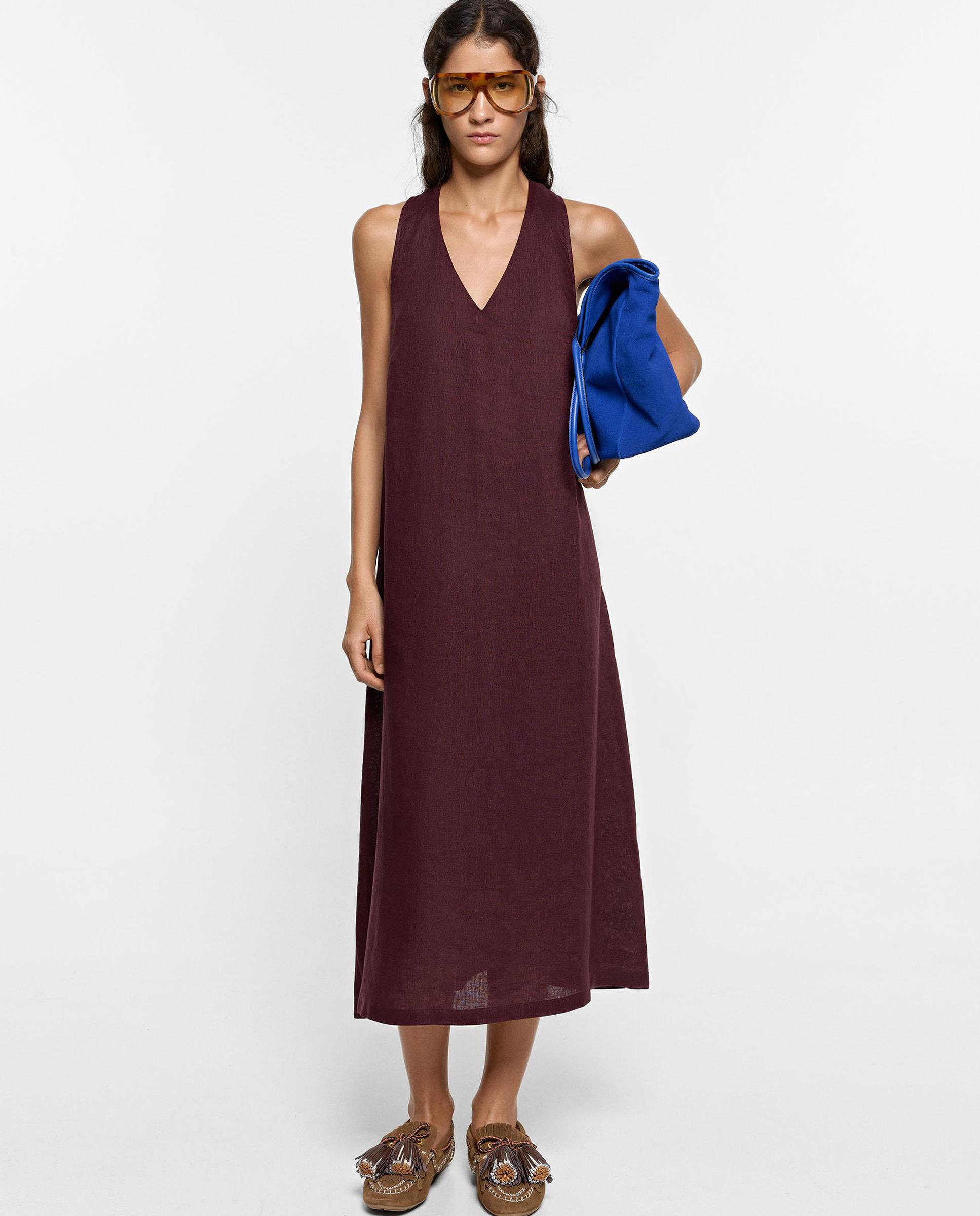 Vestido midi 100% lino sin mangas en liso - Parfois - Burdeos Burdeos-1
