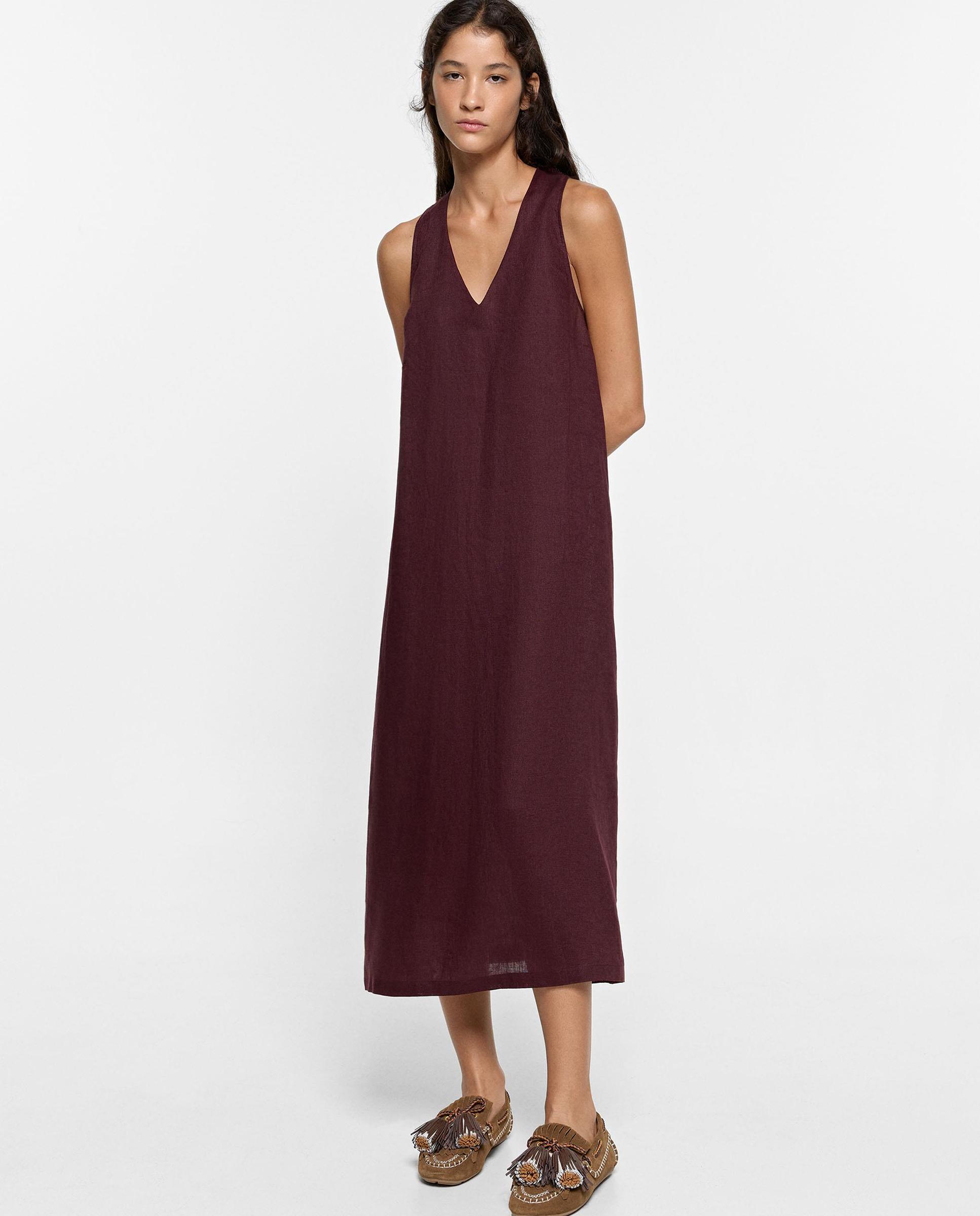 Vestido midi 100% lino sin mangas en liso - Parfois - Burdeos Burdeos-2