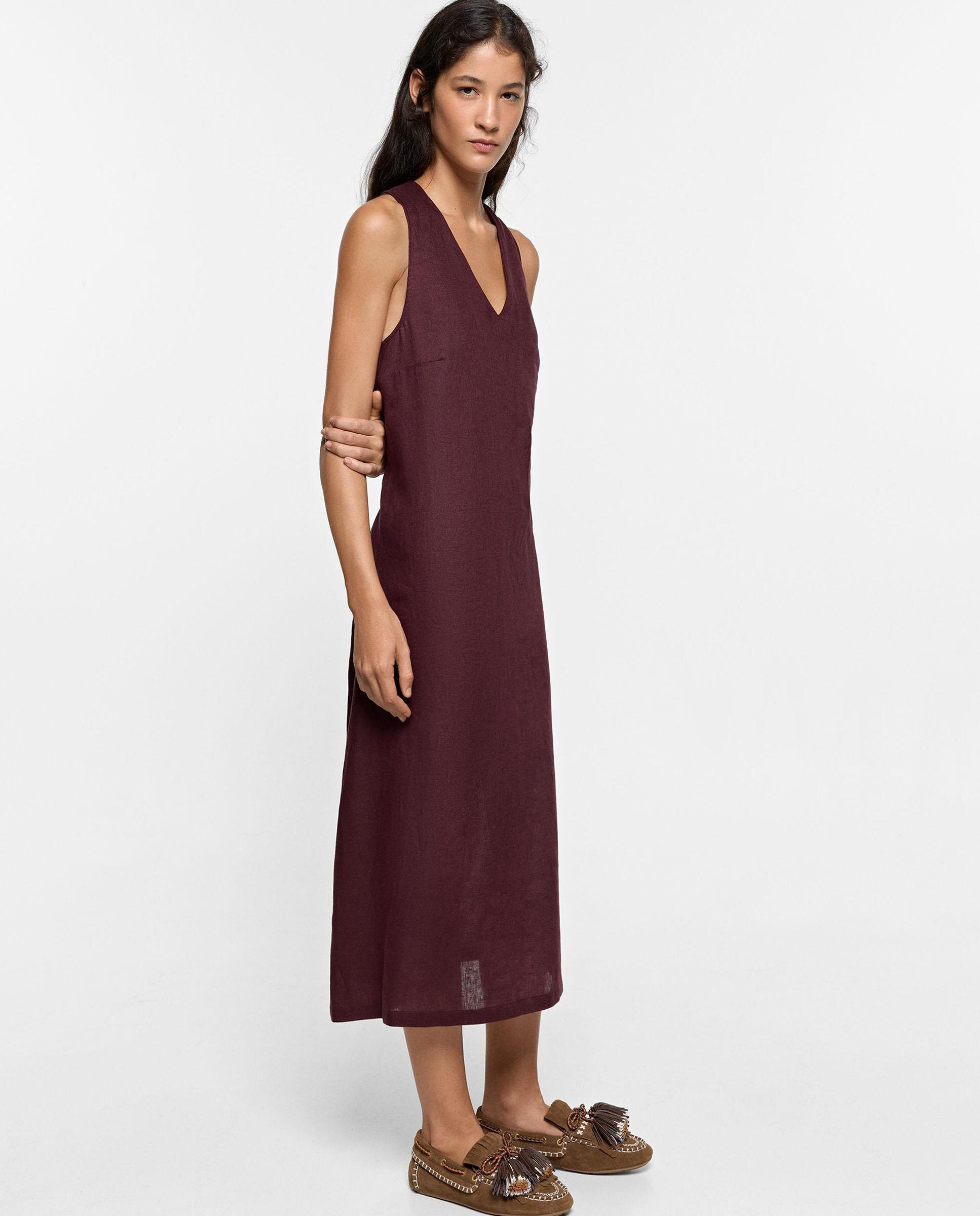 Vestido midi 100% lino sin mangas en liso - Parfois - Burdeos Burdeos-3