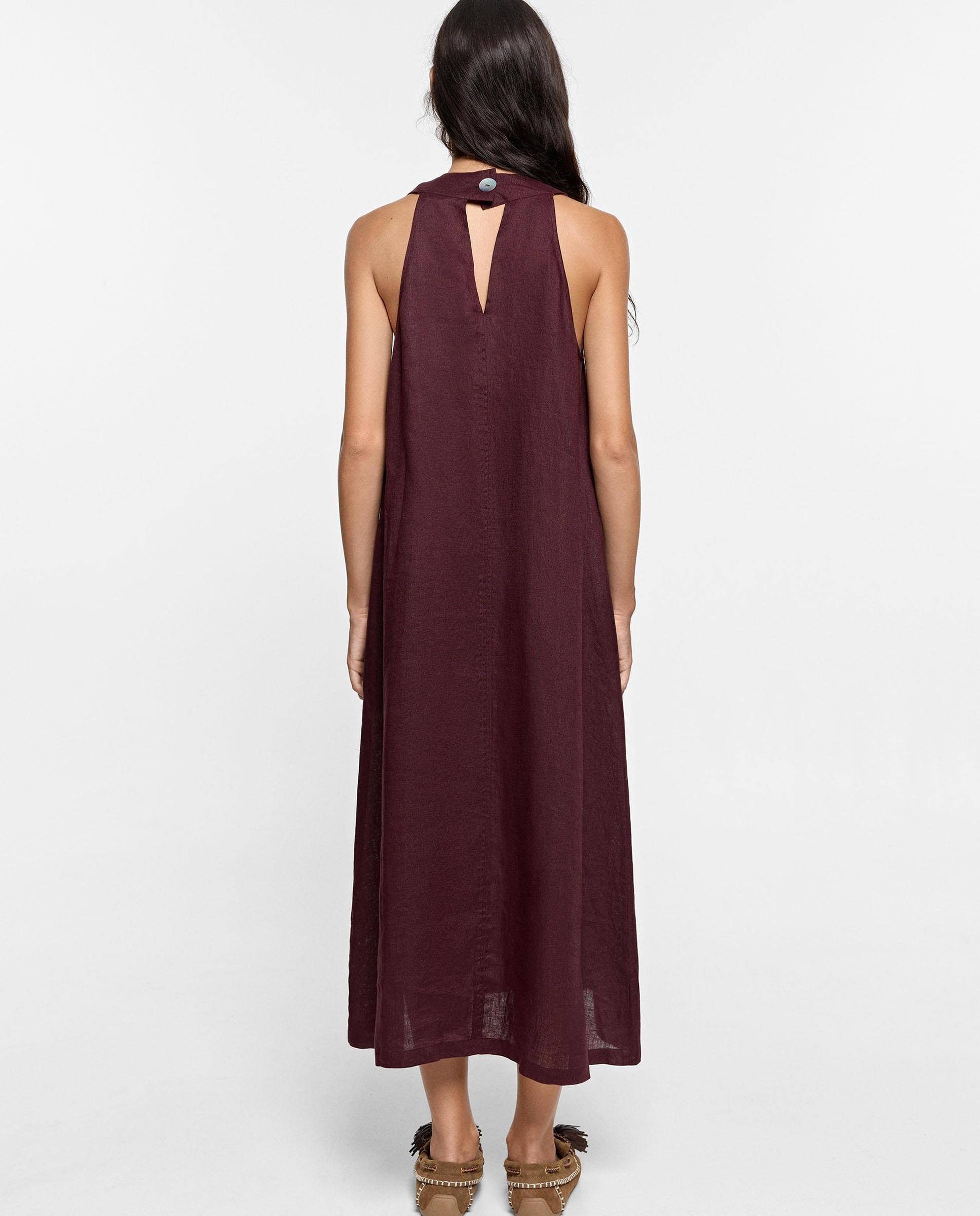Vestido midi 100% lino sin mangas en liso - Parfois - Burdeos Burdeos-4