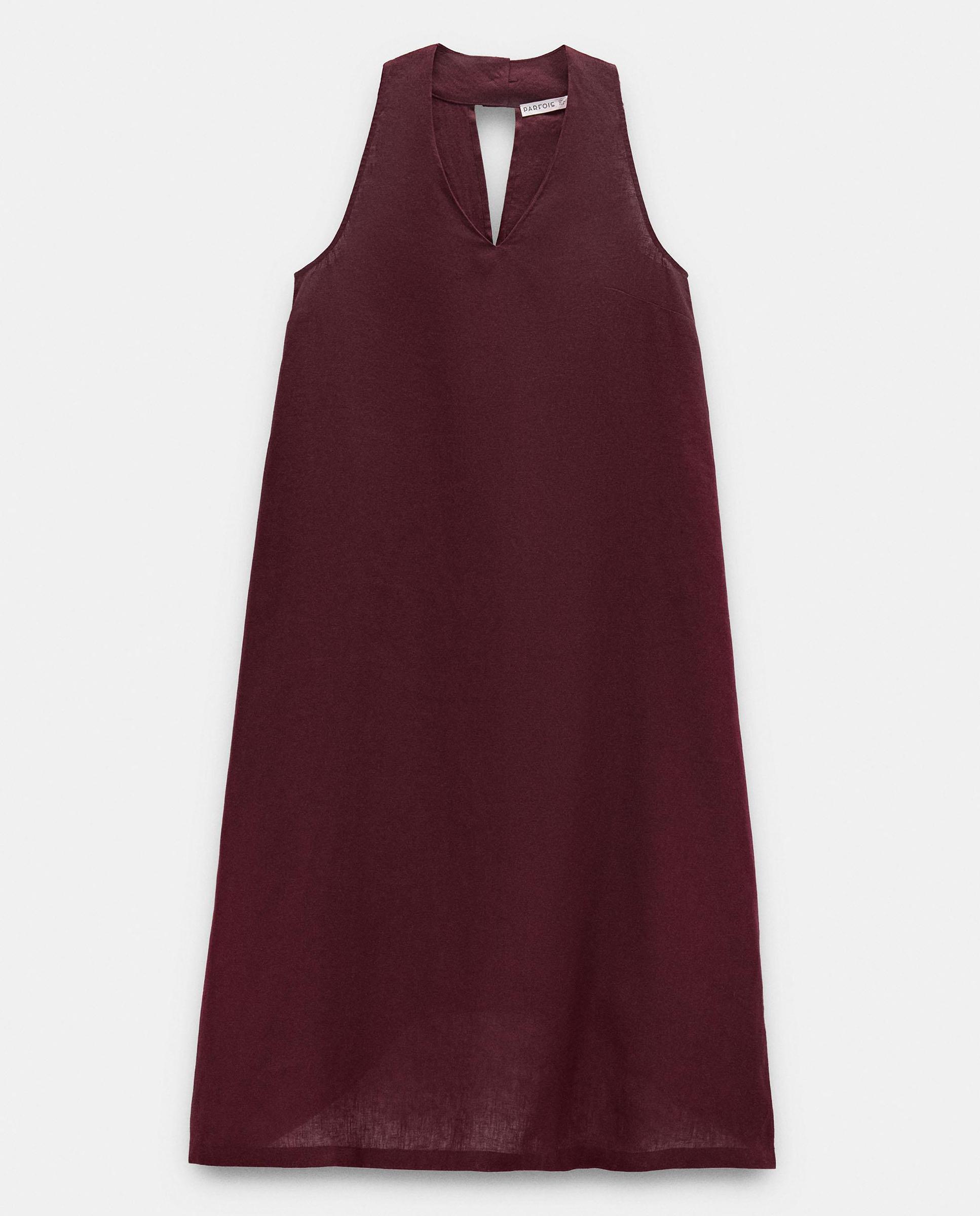 Vestido midi 100% lino sin mangas en liso - Parfois - Burdeos Burdeos-6