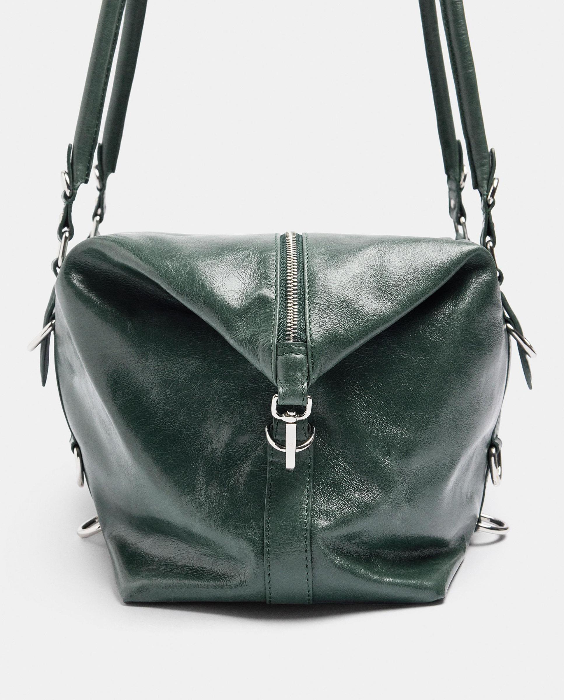 Shopper 100% piel con hebillas decorativas y cierre de cremallera en liso - Parfois - Verde Verde-3