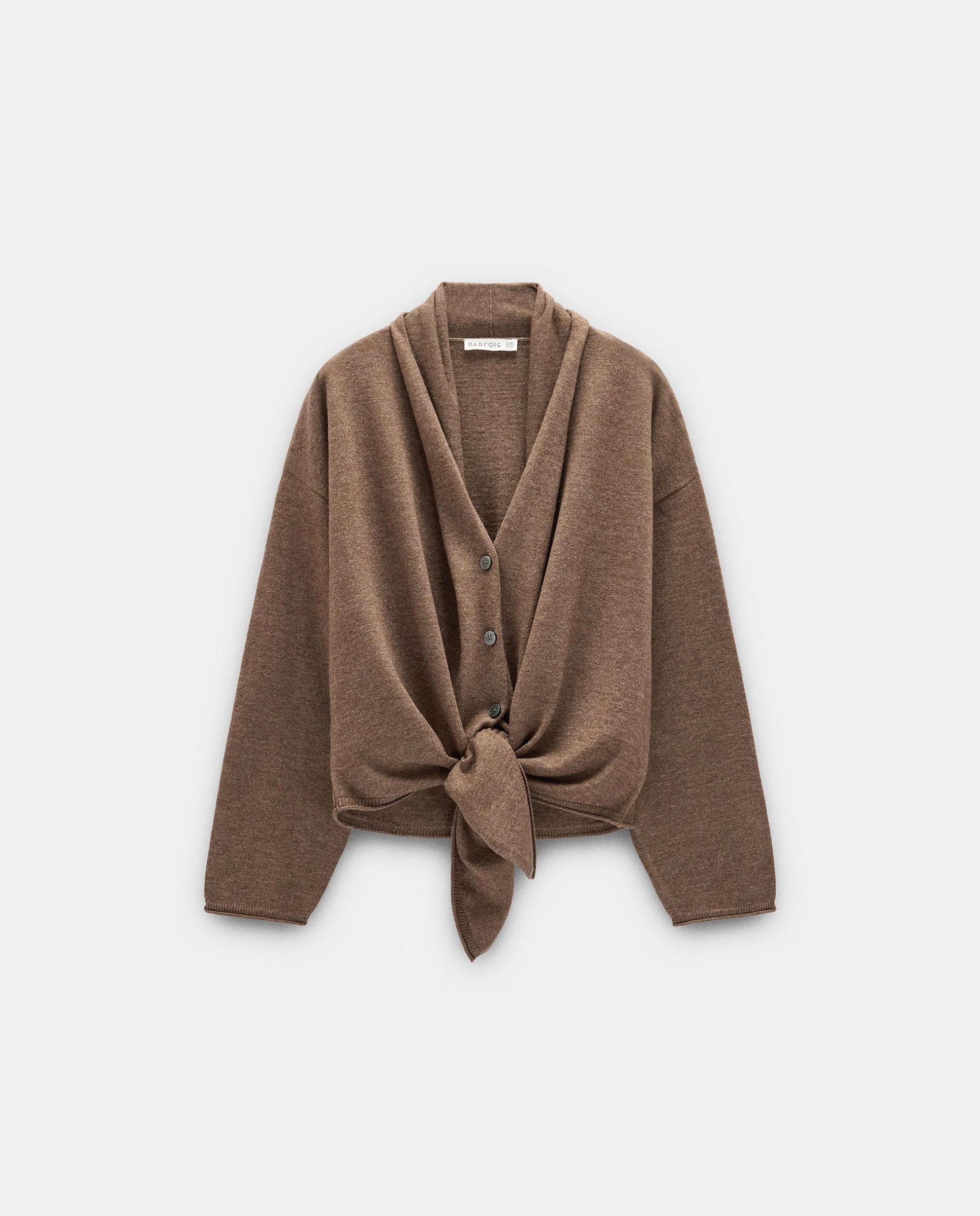 Cárdigan de mujer de punto con lazada en el bajo - Parfois - Marrón Marrón-6