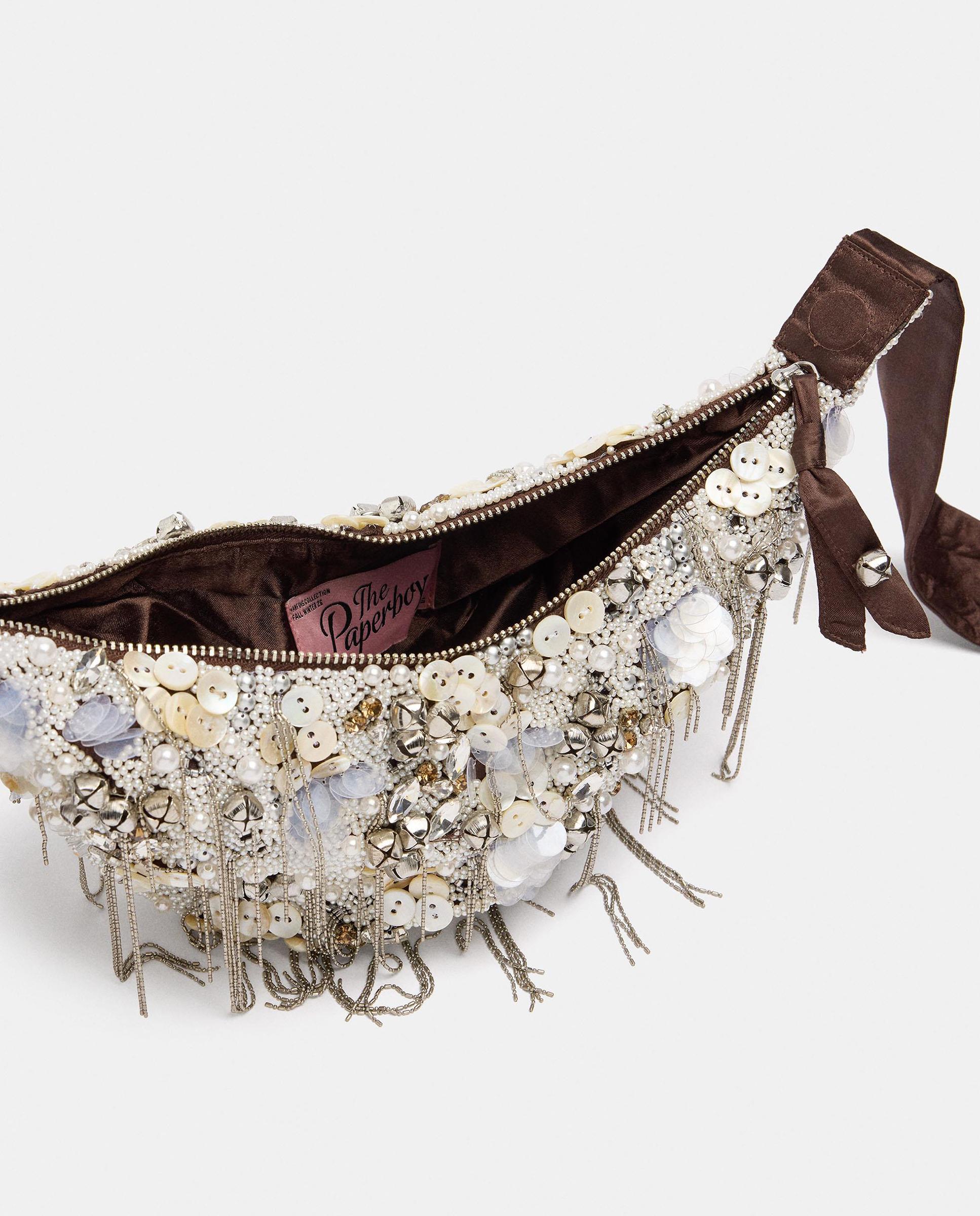 Bolso de fiesta con cuentas y tachuelas decorativas con maxi lazo - Parfois - Crudo Crudo-7