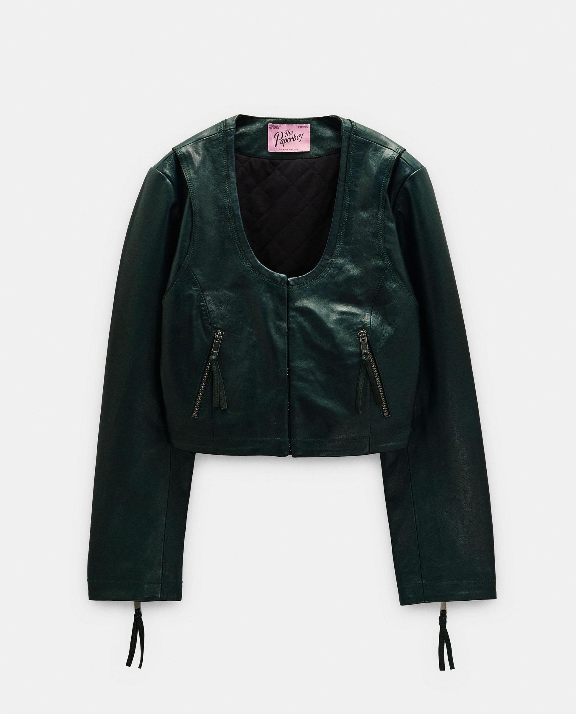 Cazadora de piel de mujer crop en liso - Parfois - Verde Verde-7