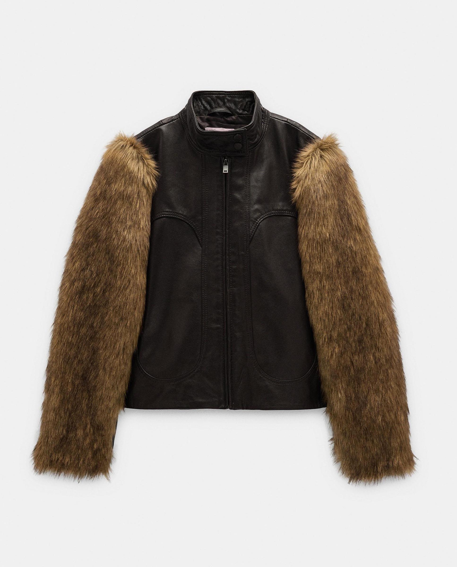 Cazadora de piel de mujer con pelito decorativo en mangas - Parfois - Marrón oscuro Marrón oscuro-7