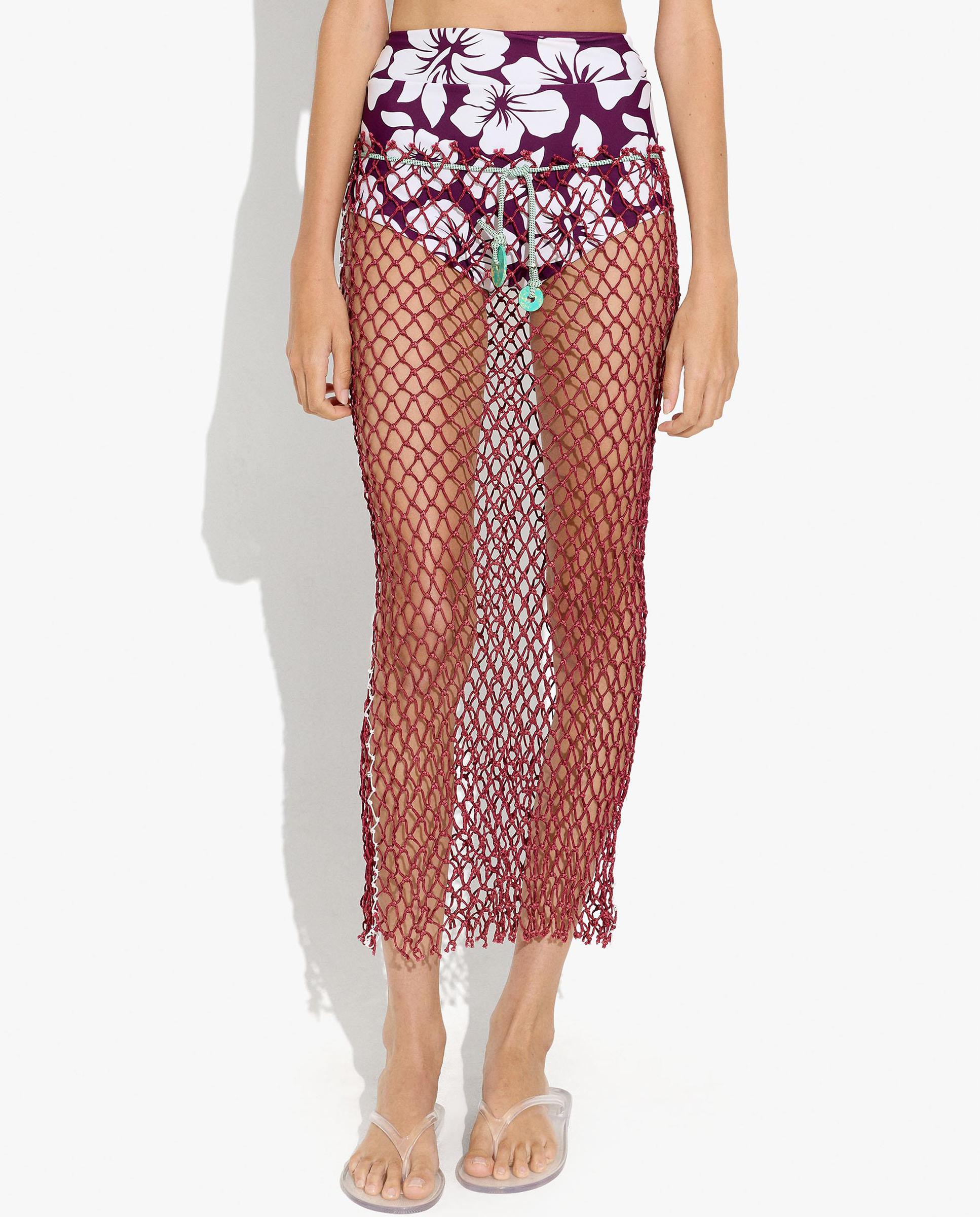Falda midi de red abierta con cordón en cintura ajustable - Parfois - Burdeos Burdeos-2