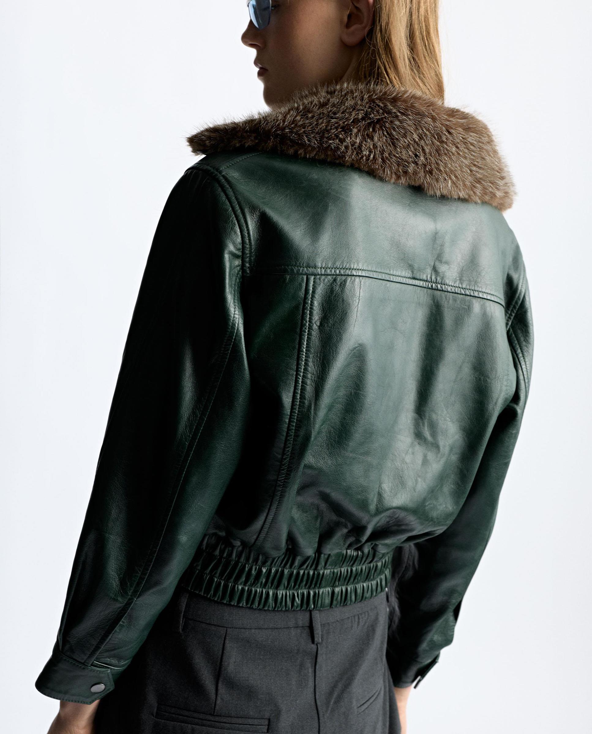 Cazadora de piel de mujer con pelito - Parfois - Verde Verde-3