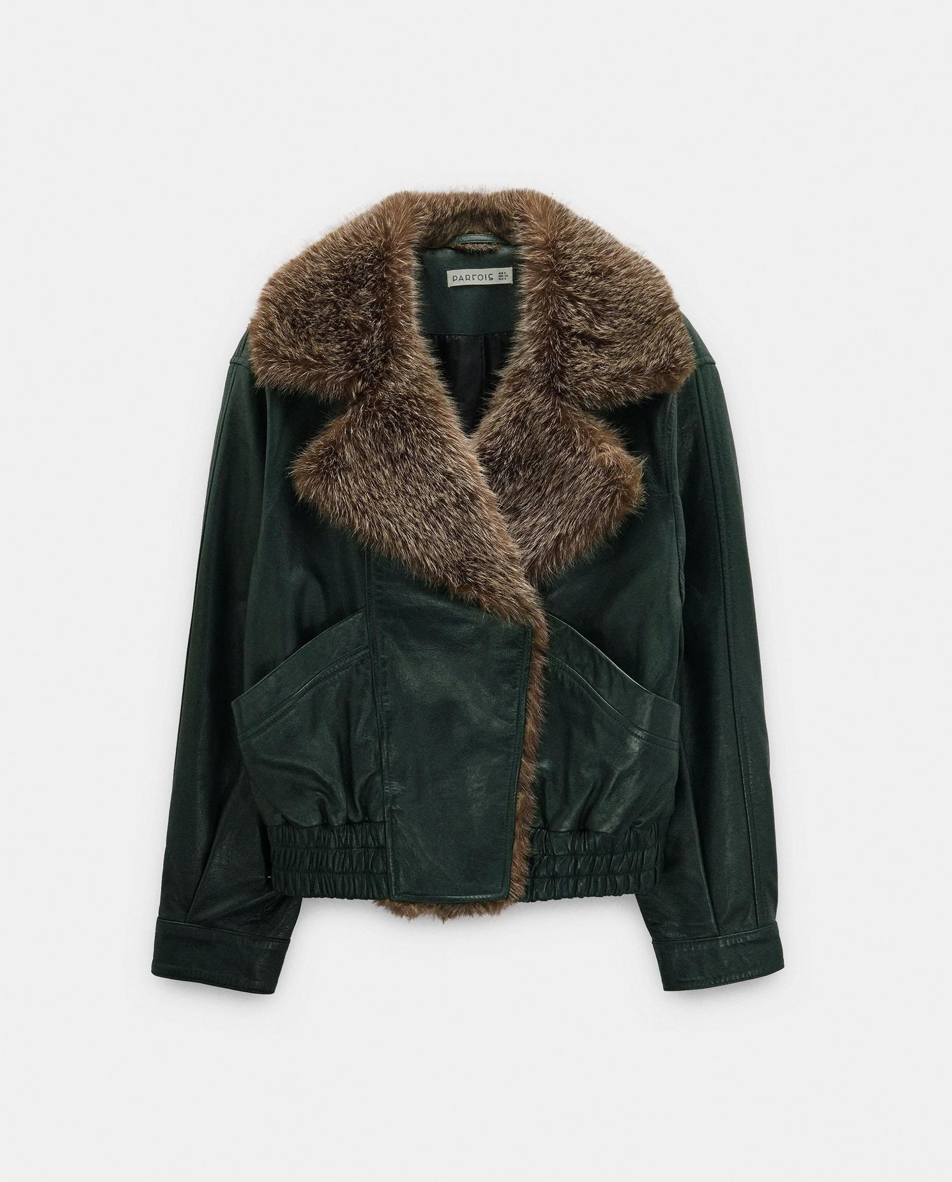 Cazadora de piel de mujer con pelito - Parfois - Verde Verde-7