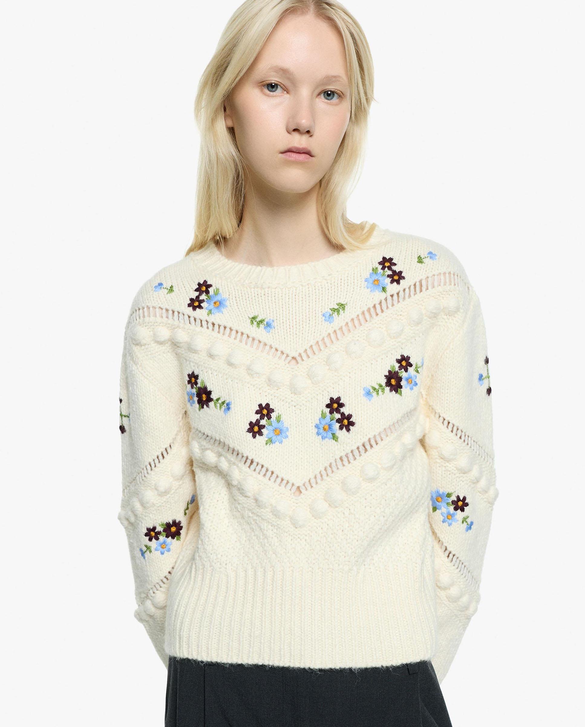 Imagen 3 de Jersey de mujer de punto de manga larga con flores bordadas - Parfois - Crudo Crudo