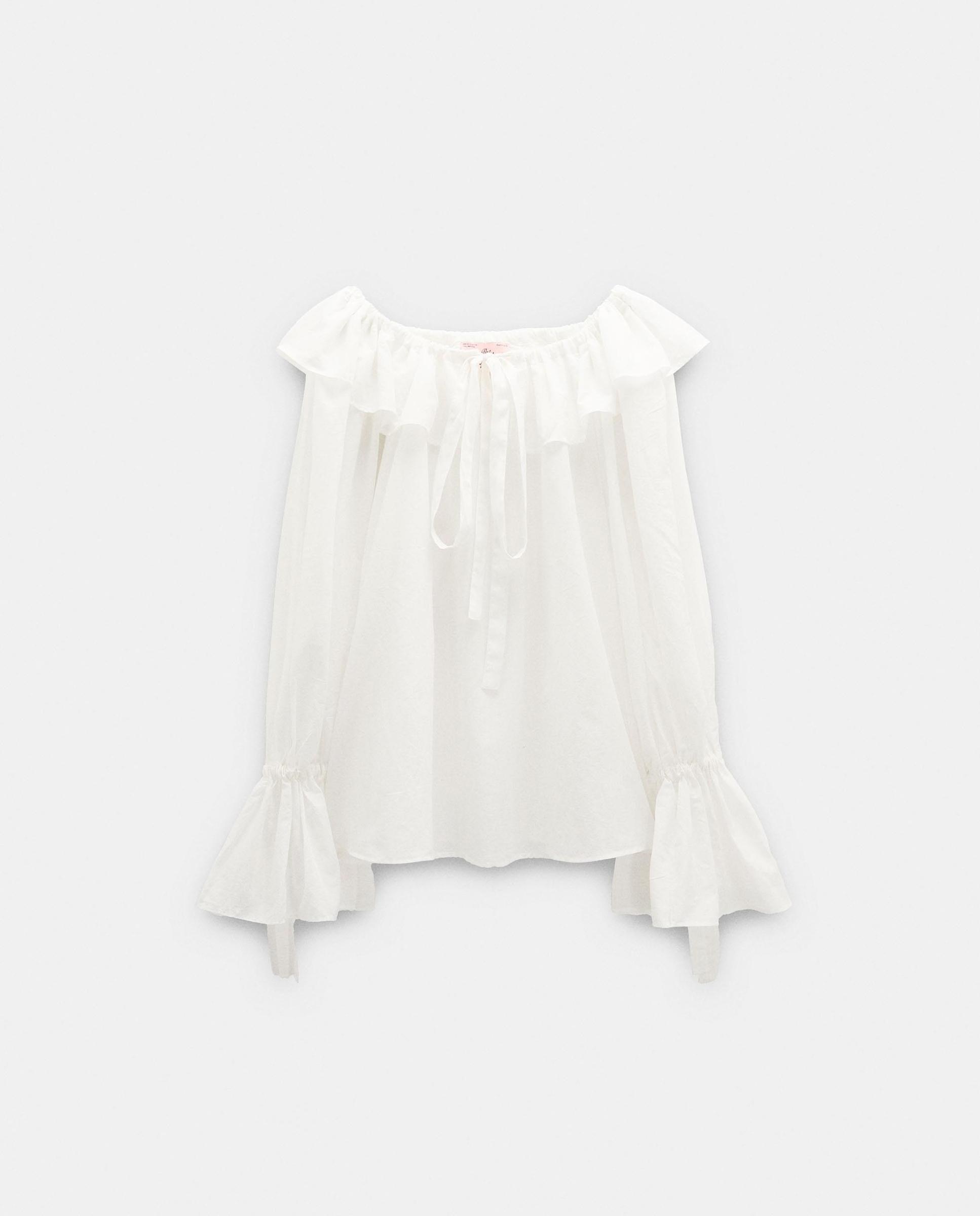 Blusa de muier 100% algodón con volantes - Parfois - Blanco Blanco-7