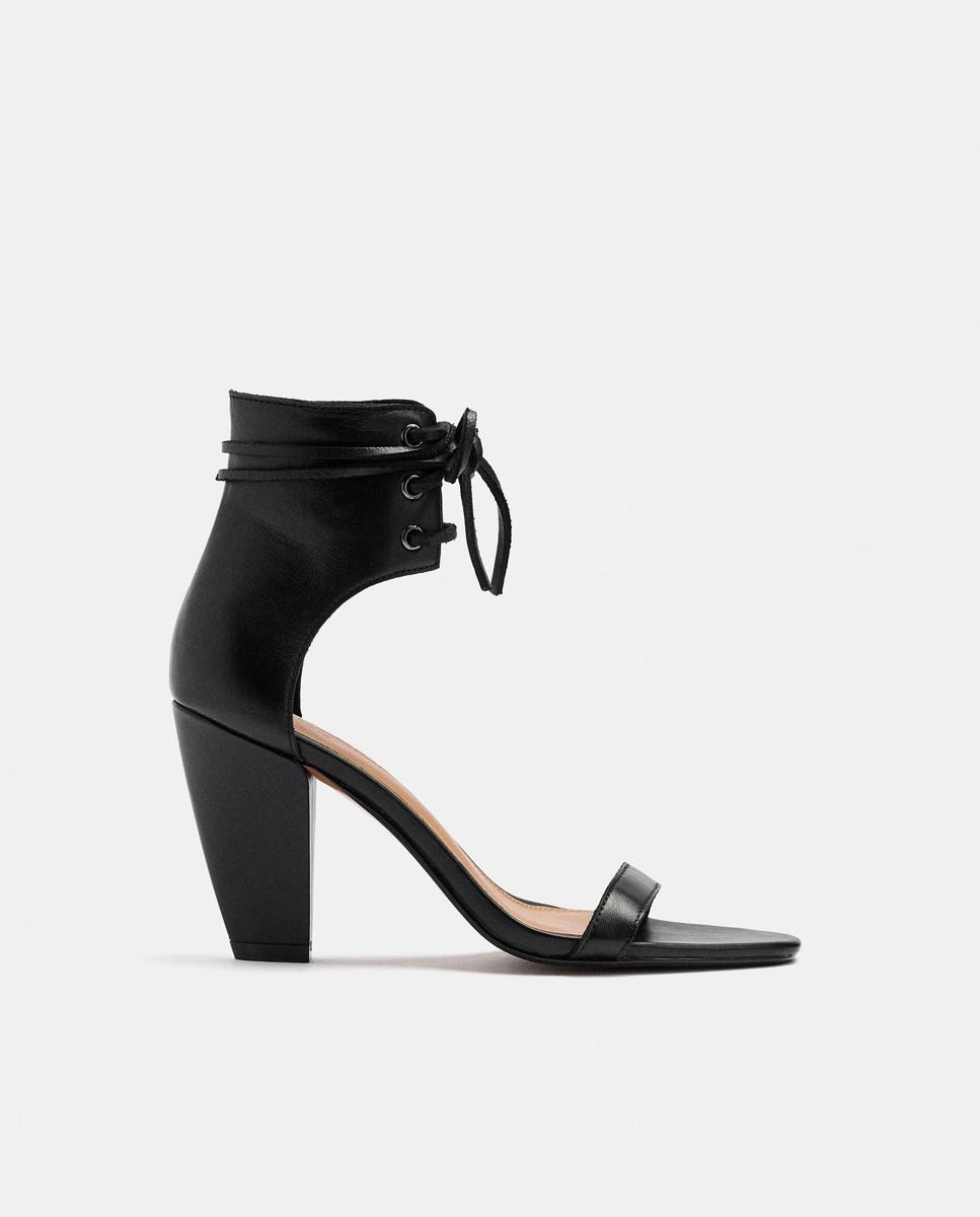 Sandalias de tacón de mujer 100% piel con cierre de cordón - Parfois - Negro Negro-1